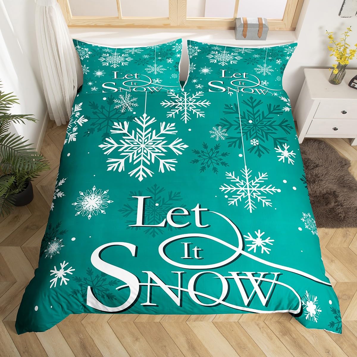 Teal Snowflake Duvet Cover Queen Size,Geometric Snowflakes Comforter Cover with 2 Pillowcase for Teens,Cold Winter Bedding Set,Merry Christmas Breathable 3 Pcs Decorative Bed Cover(No Comforter)