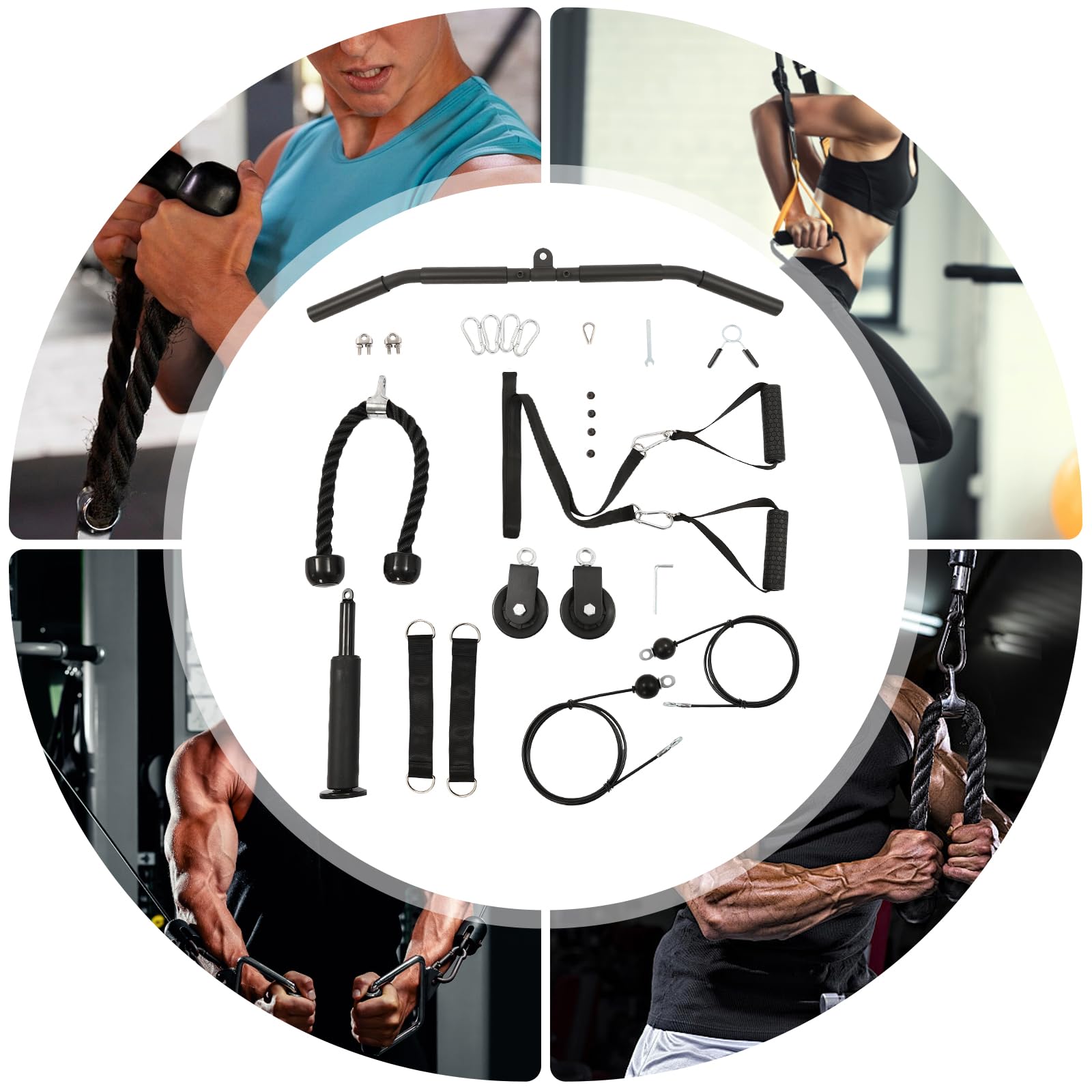Kit de entrenamiento de cable para ejercicios – Torre de poleas y sistema de polea, equipo de entrenamiento para bíceps/tríceps/pecho/espalda/hombros, con mango y barra recta, estación de fuerza DIY