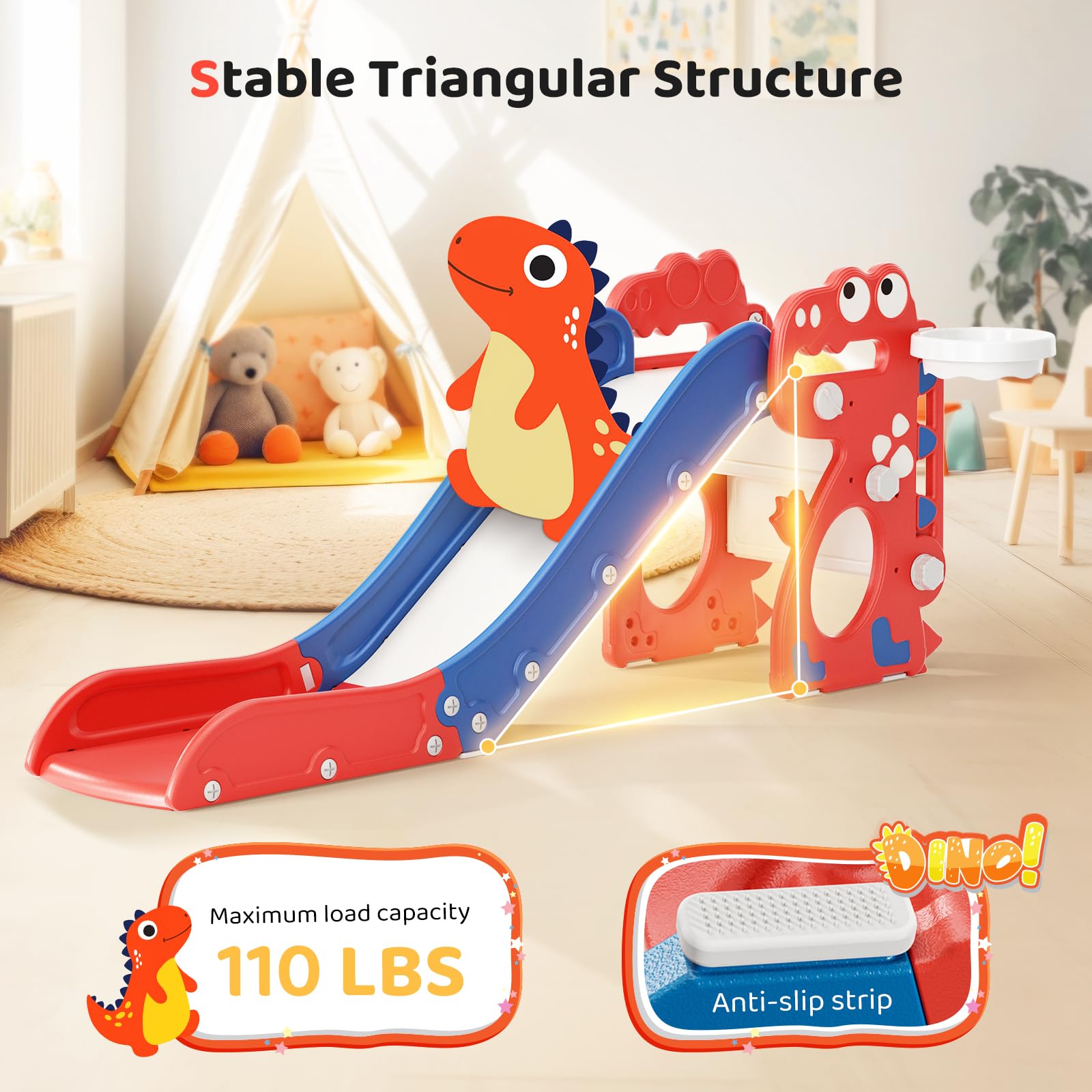 Krovtoy Scivolo per bambini, scivolo singolo con dinosauro con telaio a sfera, anello, attrezzatura per parco giochi con scivolo per bambini da 1 a 3 anni (dinosauro-rosso e blu)