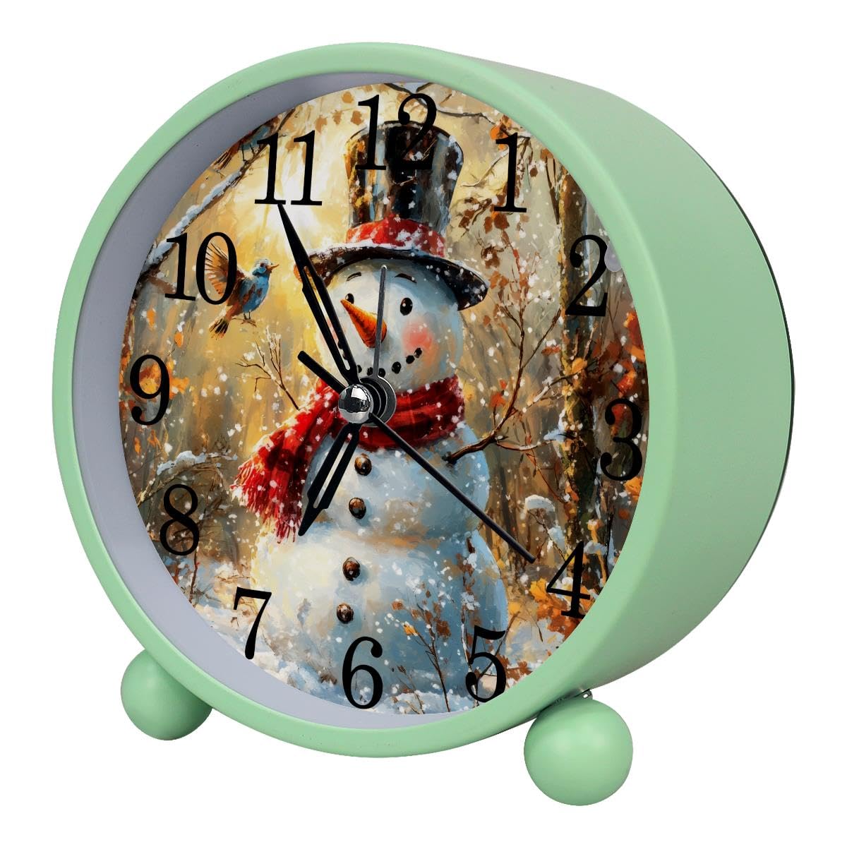 Luoweisi Alarm Clock Christmas Snowman Forest, Silent Non-Ticking with Night Light, Round Metal Alarm Clock for Office, Battery Operated, Bedroom, Elderly, Adults, Children, Student Gifts