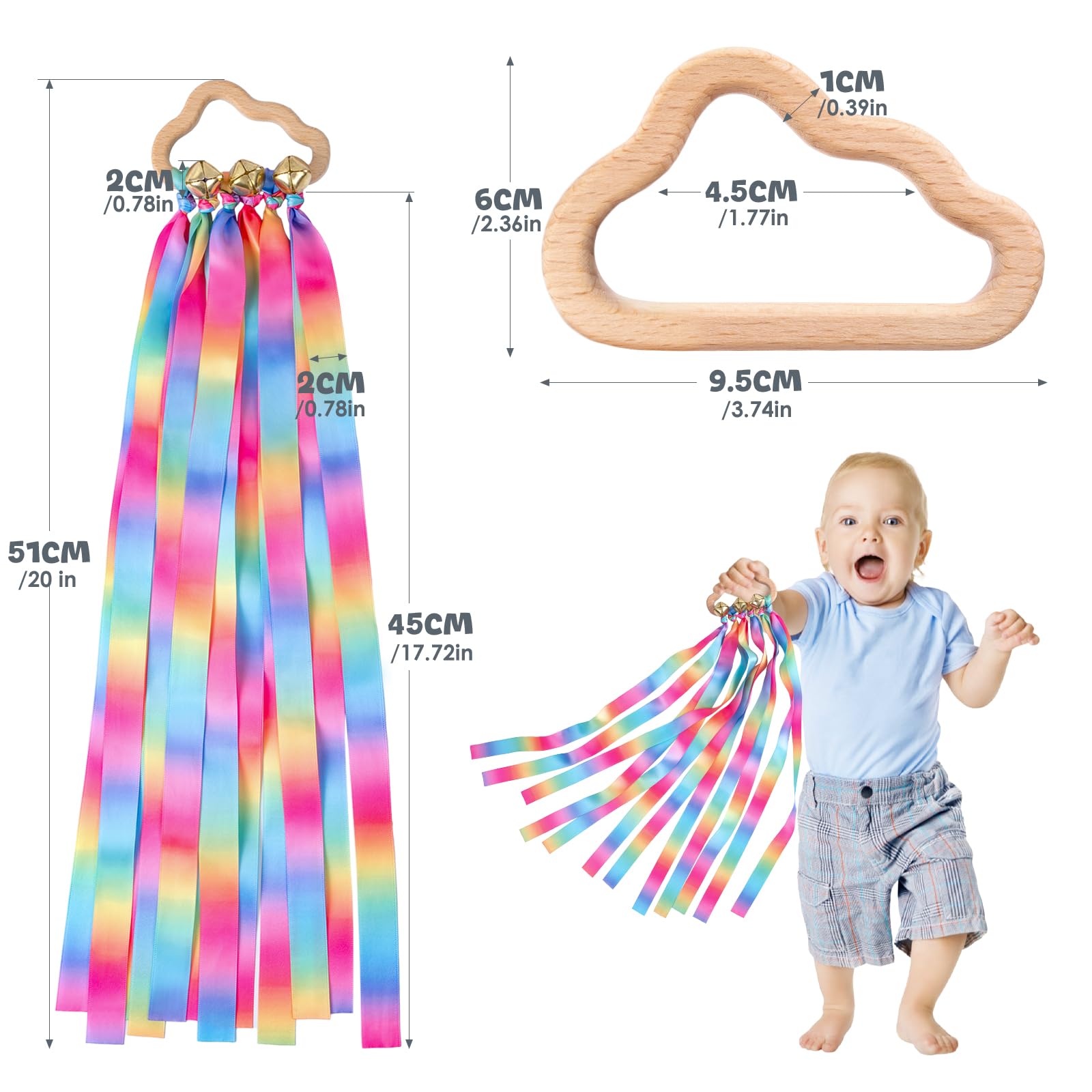 Dawnglow 2Pcs Ribbon Hand Kites, Dancing Ribbons, Rainbow Dancing Streamers with Wood Ring and Bells for Artistic Dance, Gymnastics, Entertainment, Decoration and Party