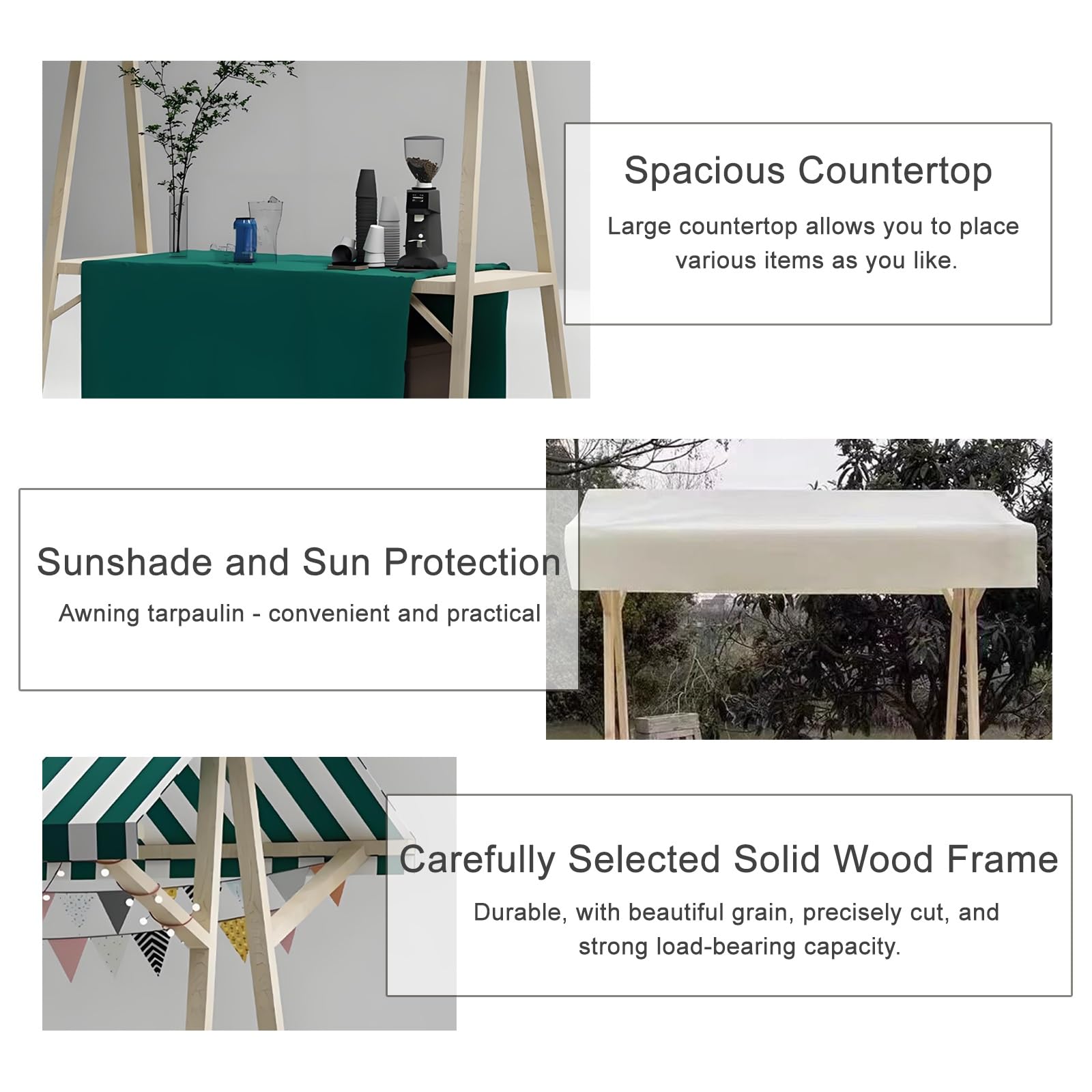 Marktstand Verkaufsstand Mit Sonnendach, Imbisswagen Aus Holz Den Gewerblichen Einsatz, Süßigkeitenstand Für Partys, Im Freien Und Streetfood(White,150cm/59in)