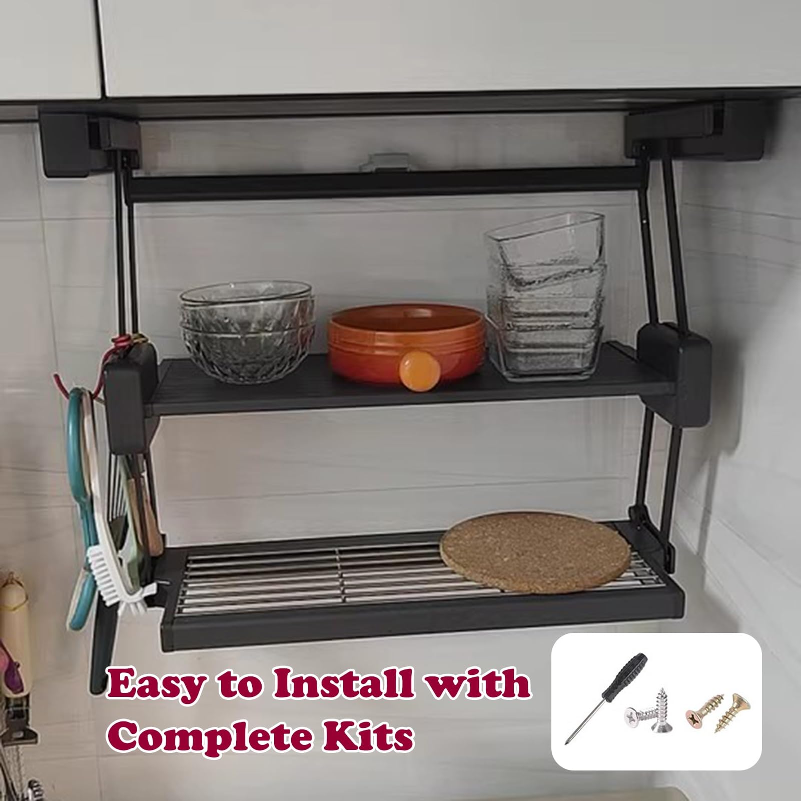 Cestelli Estraibili Cucina Ripiani Estraibili per Mobili da Cucina Pieghevoli, Portaspezie da 40 Cm a 90 Cm di Larghezza, Ripiano Portaoggetti Sospeso Sotto i Mobili per Piatti e Spezie(W 61cm (24"))