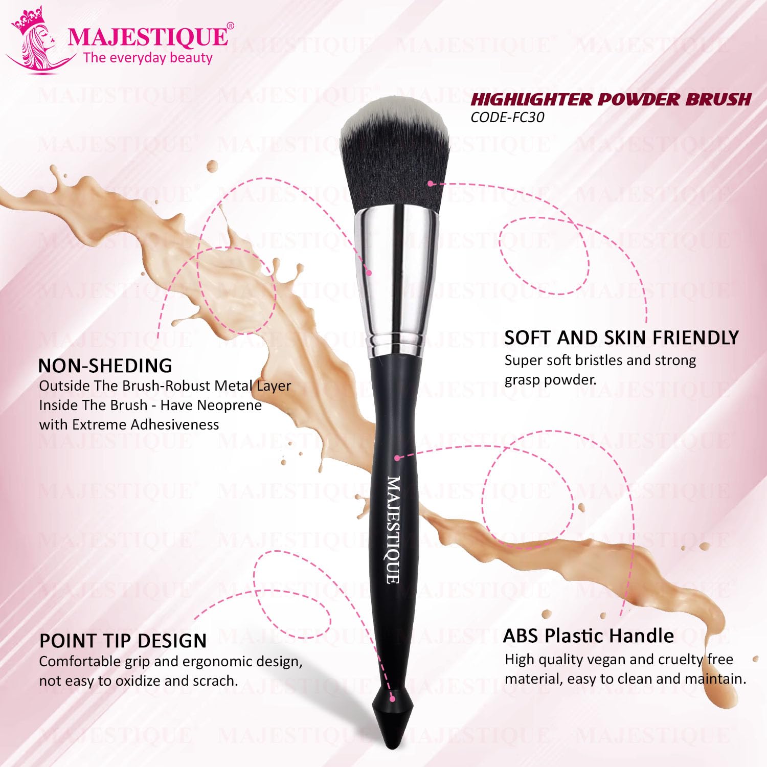 Majestique Makeup Powder Brush for Women Girls – Soft Dense Synthetic Bristles for Blending, Contouring & Buffing | For Liquid, Cream & Powder Makeup | Vegan & Cruelty-Free – Black Silver 1