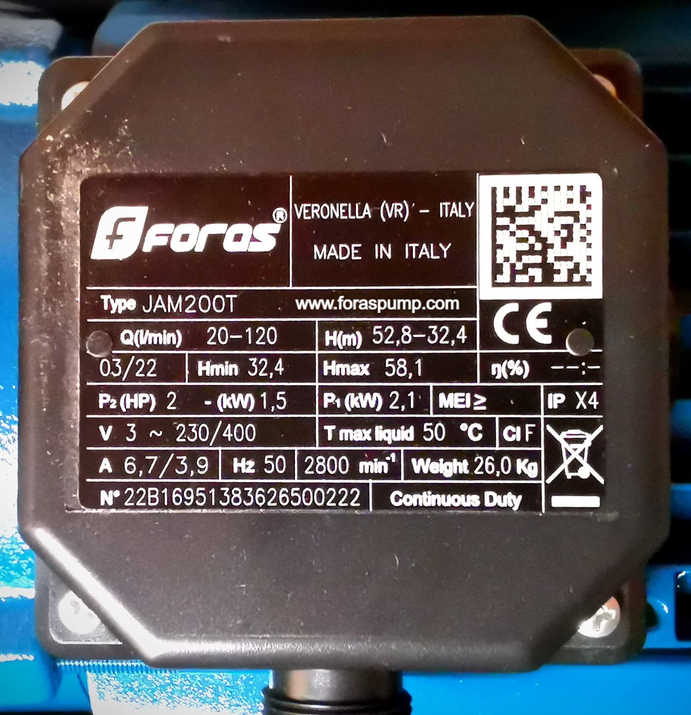 FORAS JAM200T Pompe centrifuge électrique auto-amorçante fabriquée en Italie 230/400 V 2,1 kW max. 120 l/min 58 m