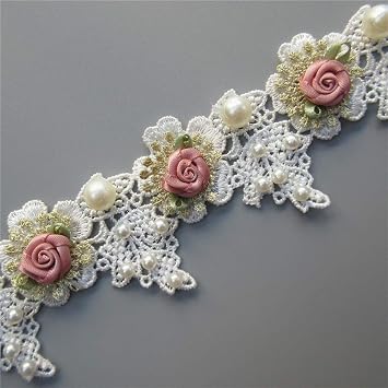 1 Yard Vintage Gold Pearl Rose Flowers Embroidered Lace Trim Fabric Floral Appliques Lace Ribbon Bridal Ornaments Handmade DIY Sewing Supplies Craft for Costume Hat Decoration 1.96" Wide