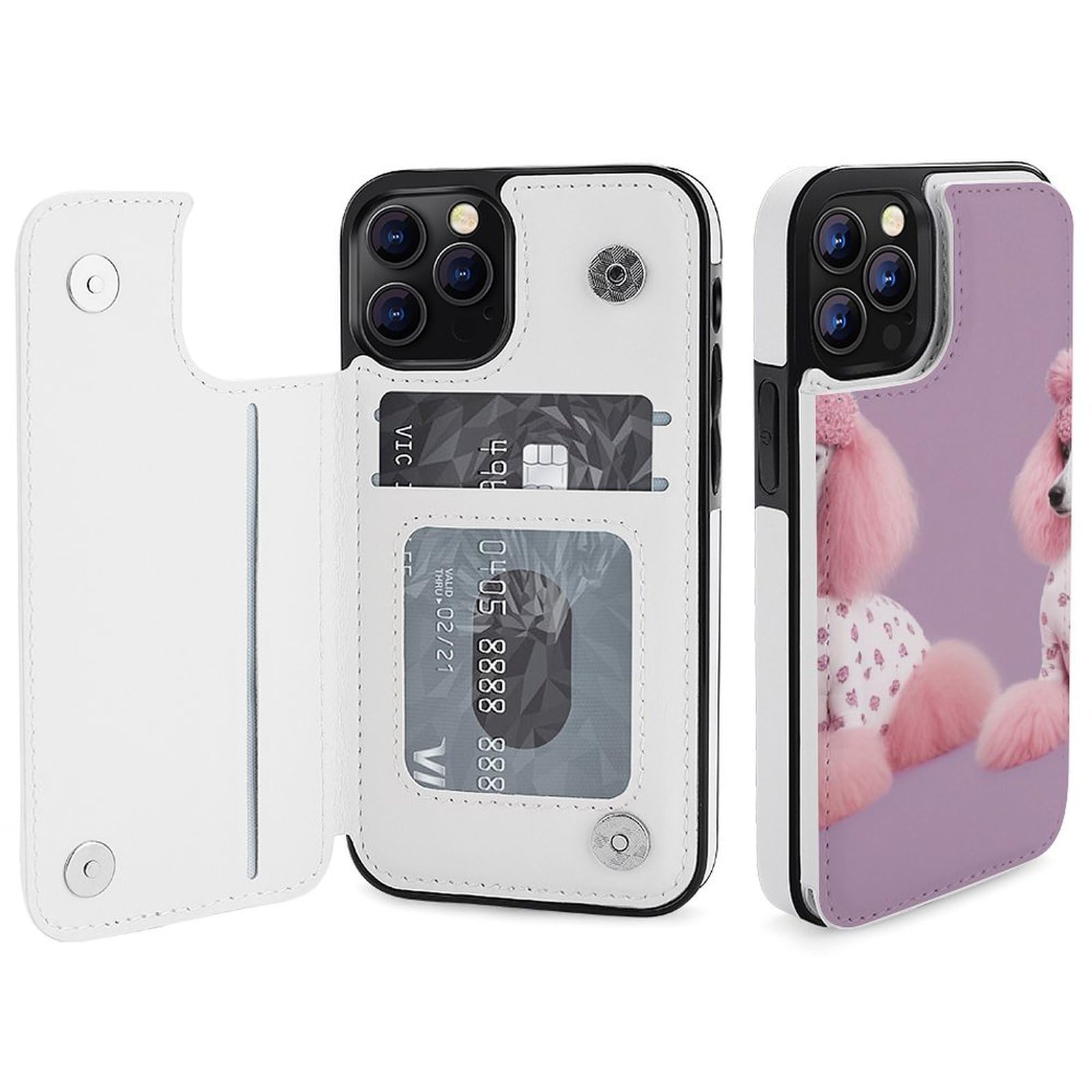 Funda tipo cartera para iPhone 12 Pro, diseño de caniches rosados con estampado de perros y caniches rosados, funda de piel con ranuras para tarjetas