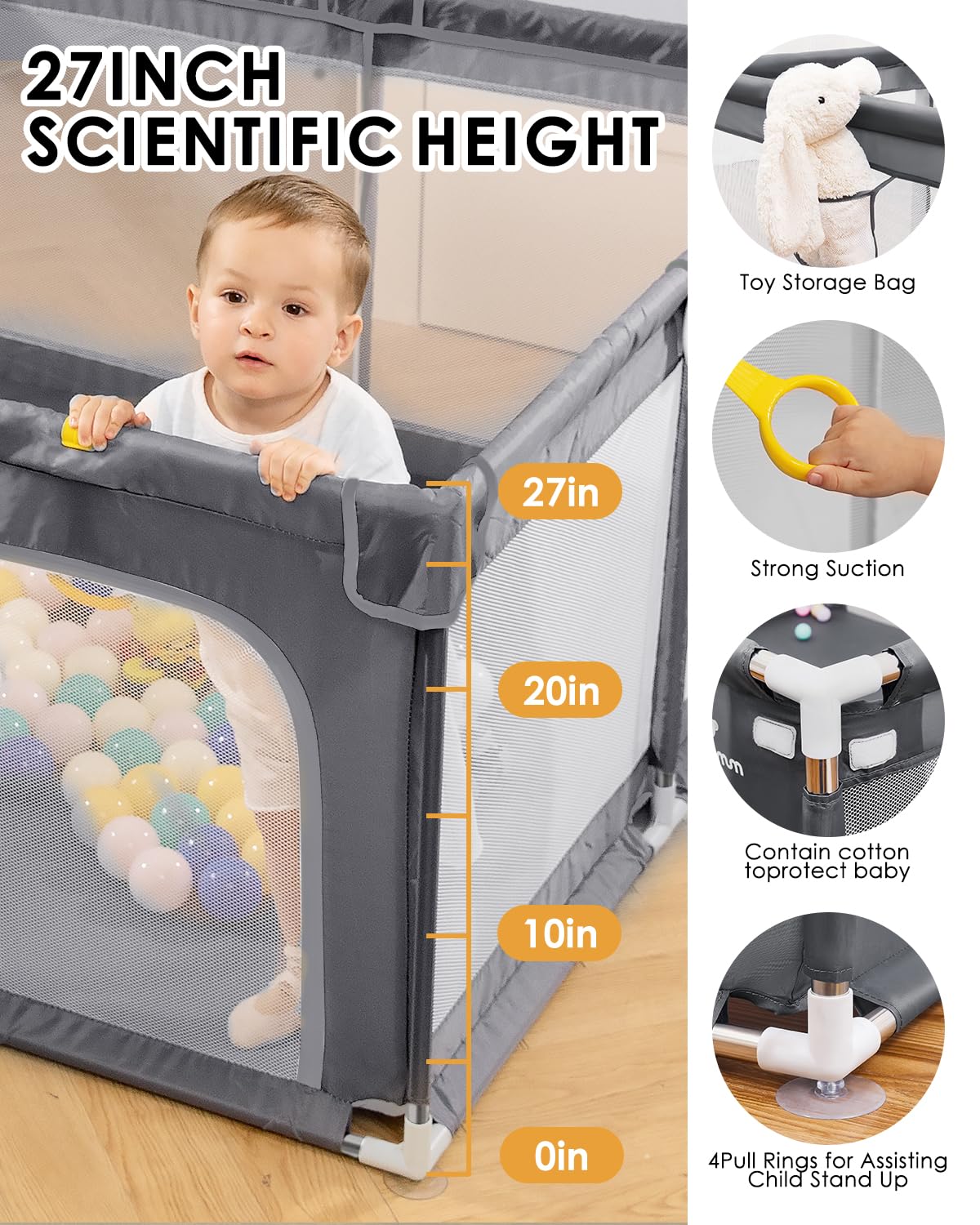 Box per bambini con tappetino morbido, extra large, area giochi sicura per interni ed esterni, con base antiscivolo, facile da montare e riporre, senza BPA (130 x 130 x 66 cm, grigio)