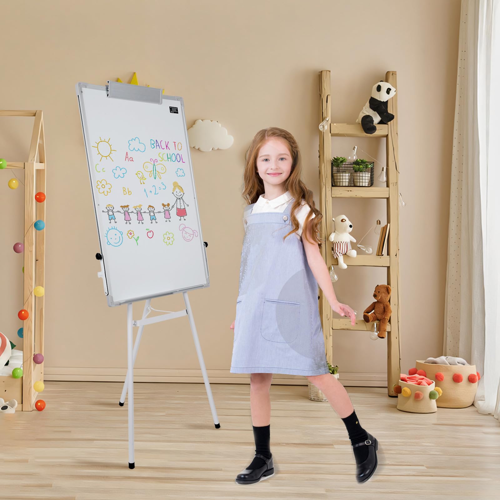 Homewell Lavagna bianca con supporto, 100 x 70 cm, con supporto per lavagna magnetica, altezza regolabile, treppiede, lavagna bianca magnetica con pennarello, spugna e 6 magneti