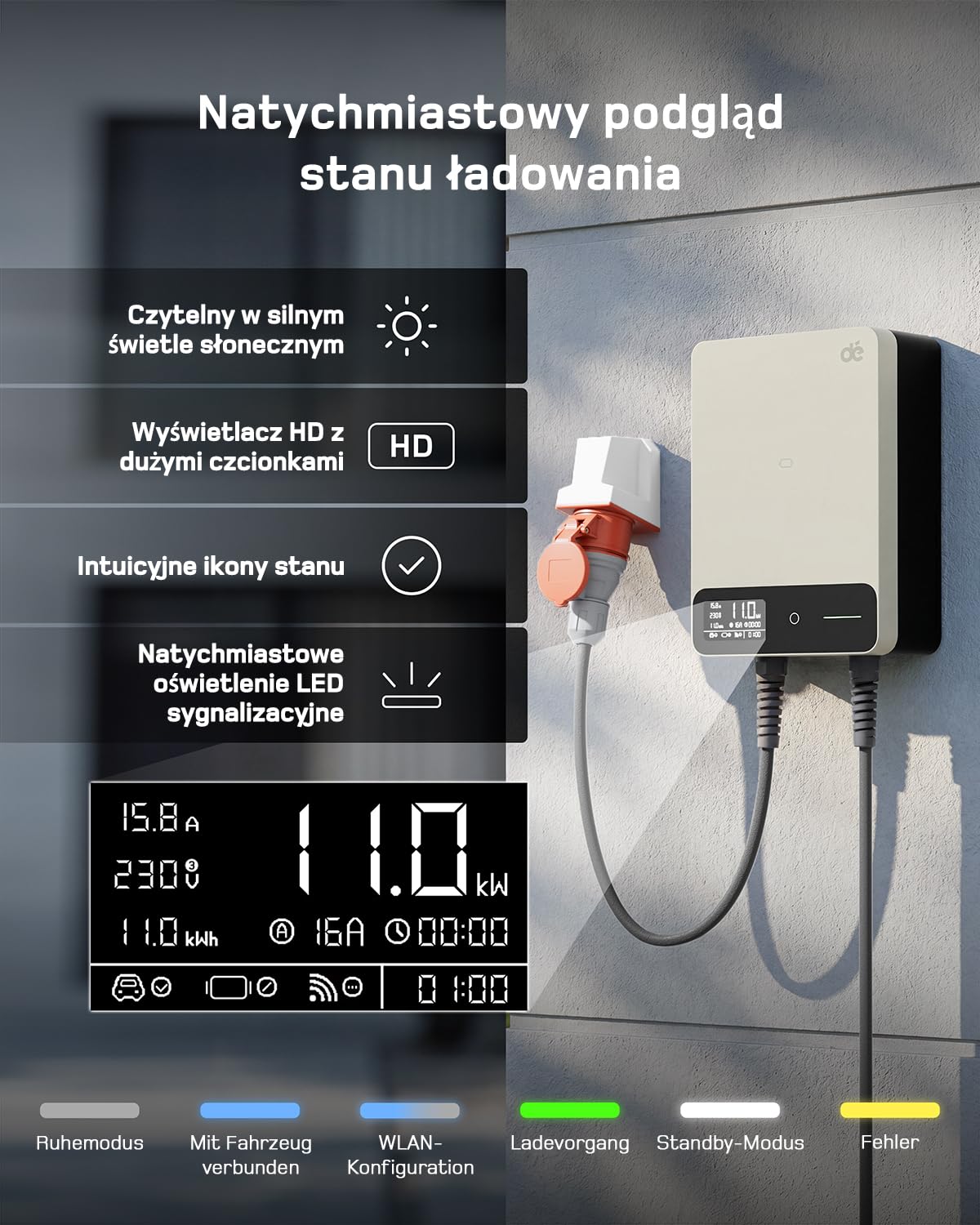 dé Skrzynka ścienna typu 2, 11 kW, z aplikacją i RFID, 6-16 A, 3-fazowa ładowarka EV, 400 V z kablem do ładowania 5 m i uchwytem na kabel do ochrony BEV/PHEV, RCD typu B i IP54, wydajna stacja