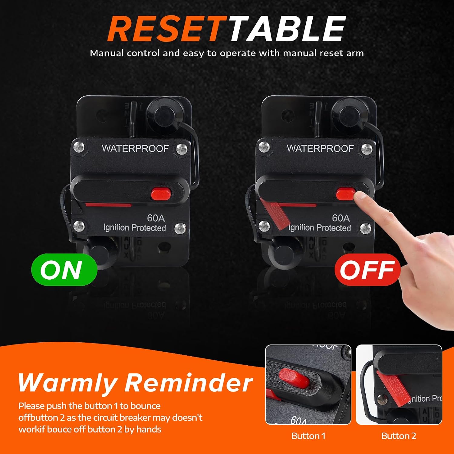 60 Amp Circuit Breaker with Manual Reset for Boat Trolling Motor Marine ATV Trailer Stereo Audio Electronic Battery Solar System Waterproof DC 12V-48V