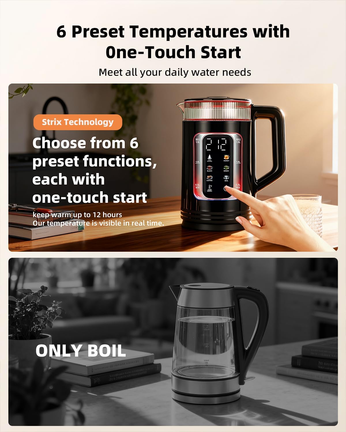 Electric Tea Kettle with Temperature Control, Glass smart Water Boiler for Tea, Coffee & Boil, Automatic Shut Off, 12h Keep Warm & One-Touch 6 Presets - Image 3