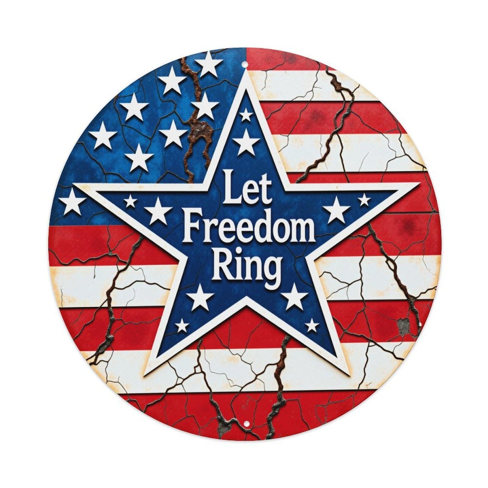 American Flag Star Cracked Pattern Round Tin Sign Vintage Style Metal Sign Home Bar Garden Wall Plaque Decor Metal Poster 8x8 Inch