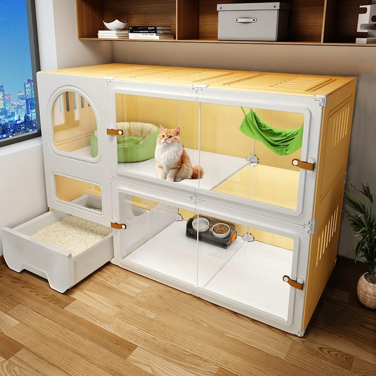 Cage d'intérieur pour chat avec bac à litière jaune 105x45x70 cm