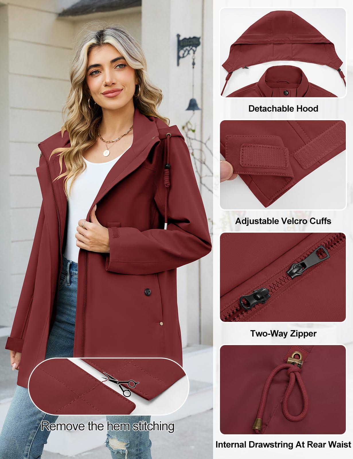 CMTOP Veste Femme mi Saison Softshell Imperméable, Coupe-Vent Parka à Capuche Amovible, Décontracté Longue Blouson Légère Manteau avec Poches pour Printemps et Automne