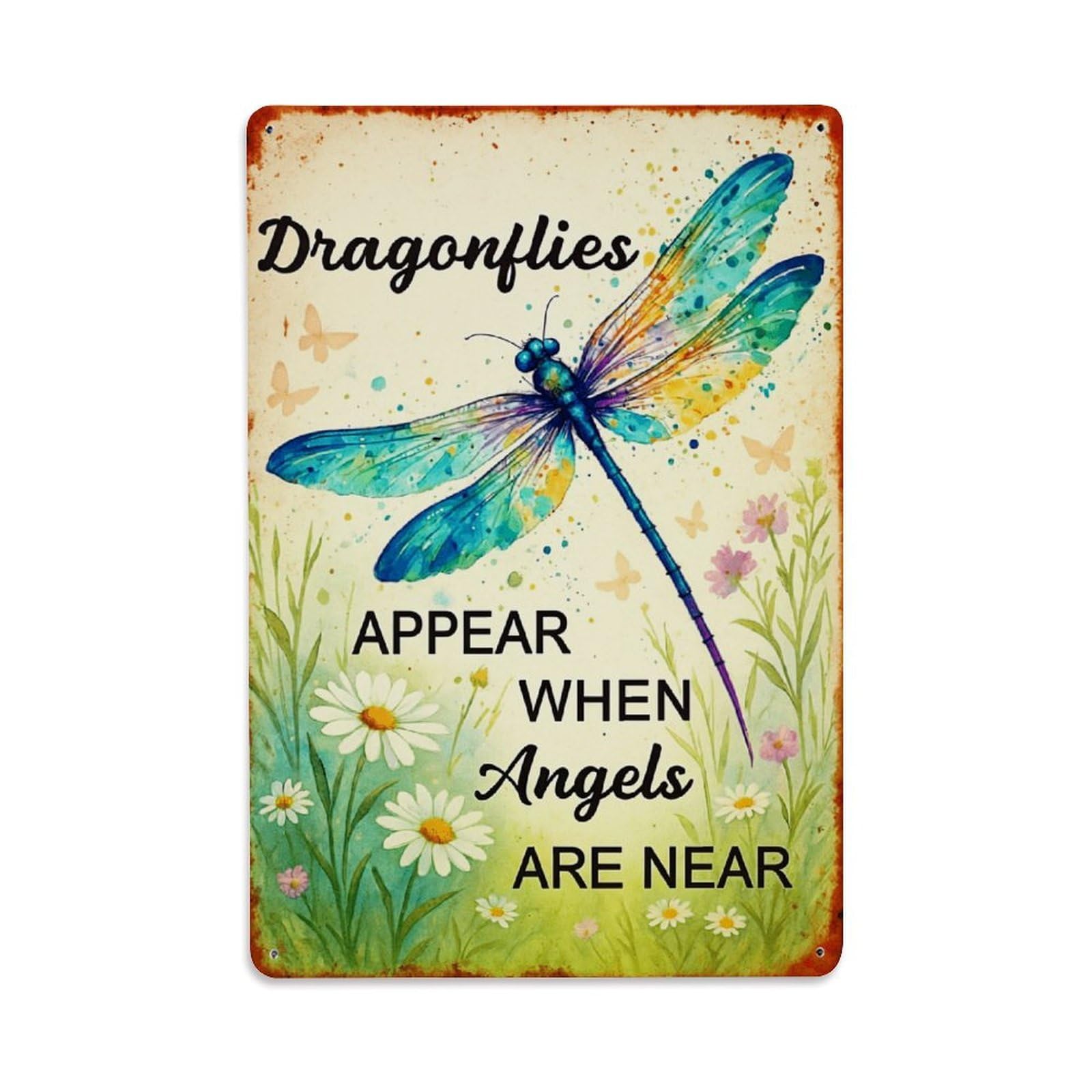 Jdfenggu Vintage Dragonfly Art Floral Design Pattern Retro Metal Tin Sign, Decor Art Poster For Bar, Home, Man Cave, Kitchen, Laundry Room Gift 8X12inch