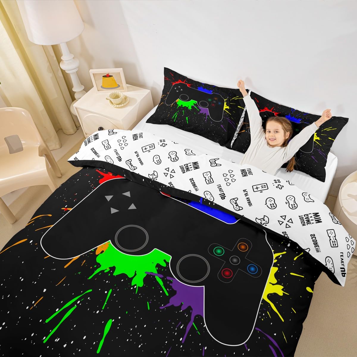 Bettwäsche-Set für Jungen, Größe 220 x 240, Bettbezug für Kinderzimmer, Aquarell, Tie Dye Gamer, Bettbezug, Dekoration, Schlafzimmer, 3-teilig, Bettwäsche aus Mikrofaser
