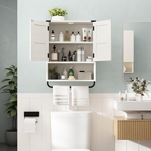 Miniatura 7 de RUSTOWN Armario de almacenamiento de pared de granja con dos puertas de granero, gabinete de medicina de montaje rústico con estante ajustable y