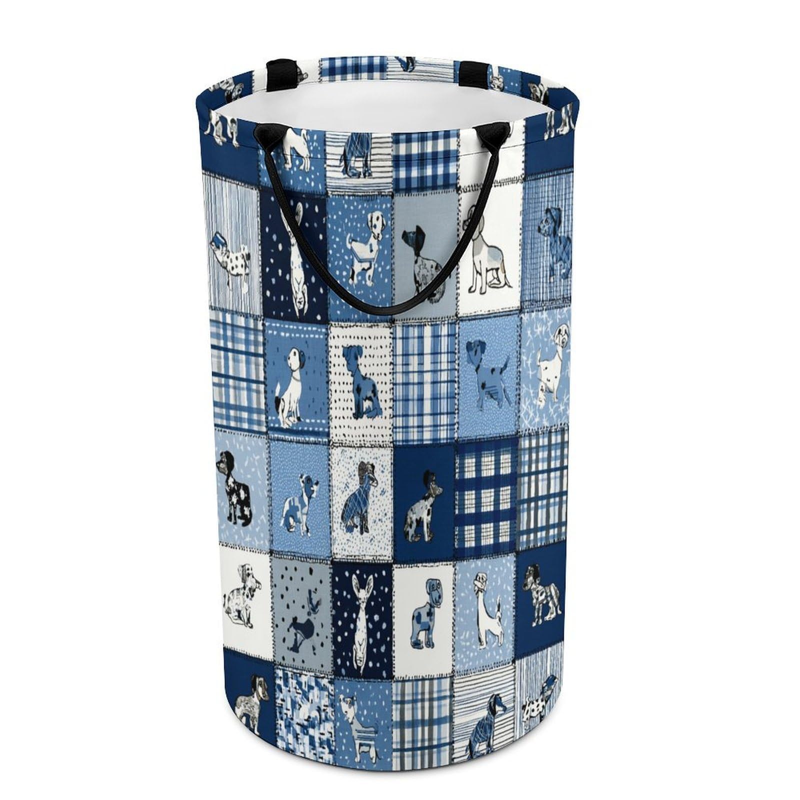 LUYYSKY Beautiful Funny Dog Silhouette Collapsible Dirty Clothes Basket, Vintage Rustic Patchwork Art Animals Dog Puppies Portable Clothes Storage Basket