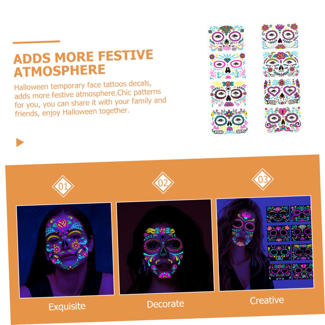 FRCOLOR 32 Hojas Facial Temporal Tatuajes Que Brillan En La Oscuridad Rosa Pegatina De Maquillaje De Halloween Dia De La Pegatinas De Transferencia Mujer Tato Paseo