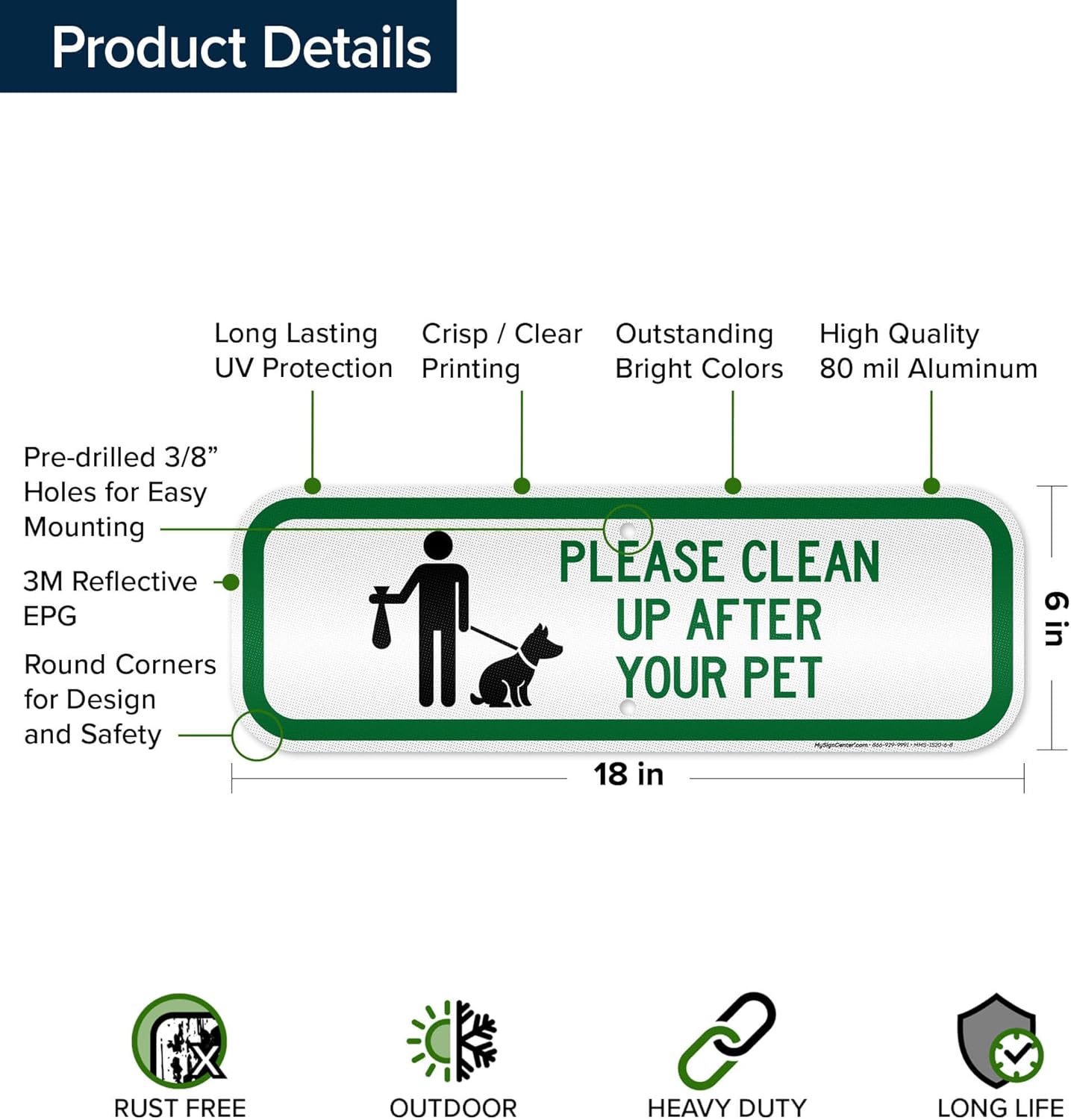 Please Clean Up After Your Pet Sign, 6x18 Inches, 3M EGP Reflective .063 Aluminum, Fade Resistant, Made in USA by My Sign Center