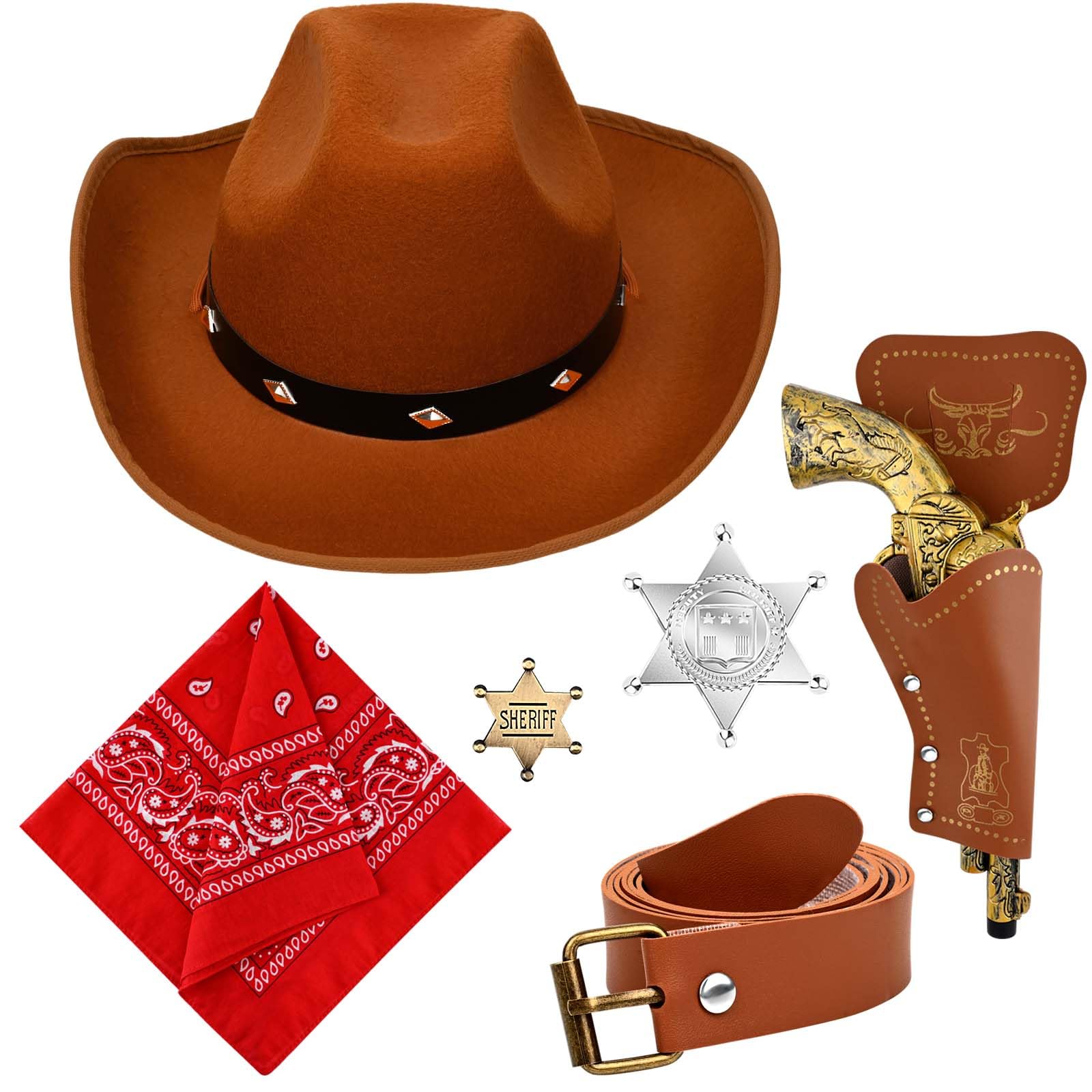 Bofeiya 4 Pcs Western Cowboy Costume for Kids Includes Bull Western Hat Cowboy Toy Gun Holster Metal Sheriff Badge with Red Bandana for Halloween Farm Dress Up