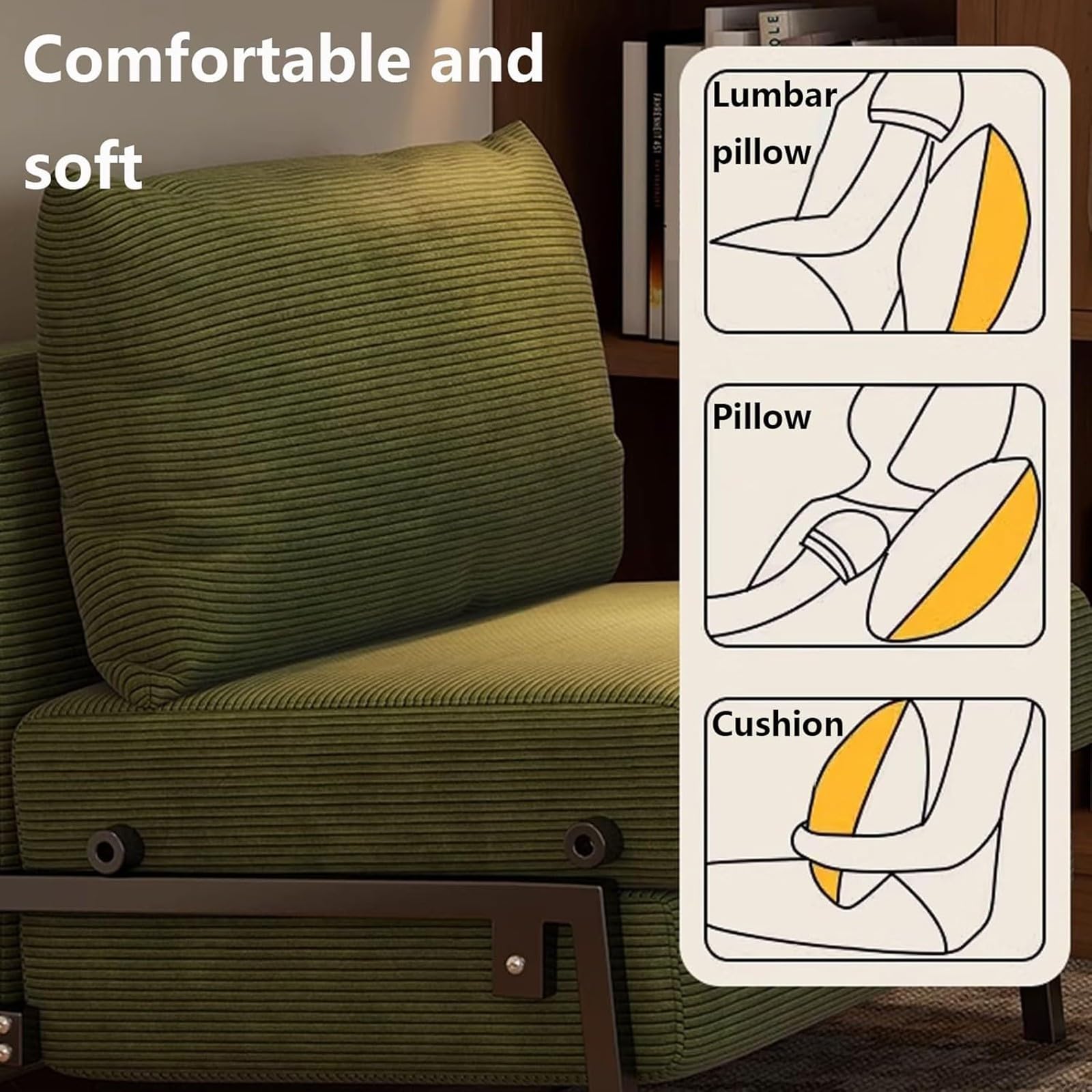 Składana rozkładana sofa futon, tkanina sztruksowa, wysoka elastyczna pianka, solidna rama ze stali węglowej, idealna do salonu, mieszkania, salonu, wygodne rozwiązanie do spania