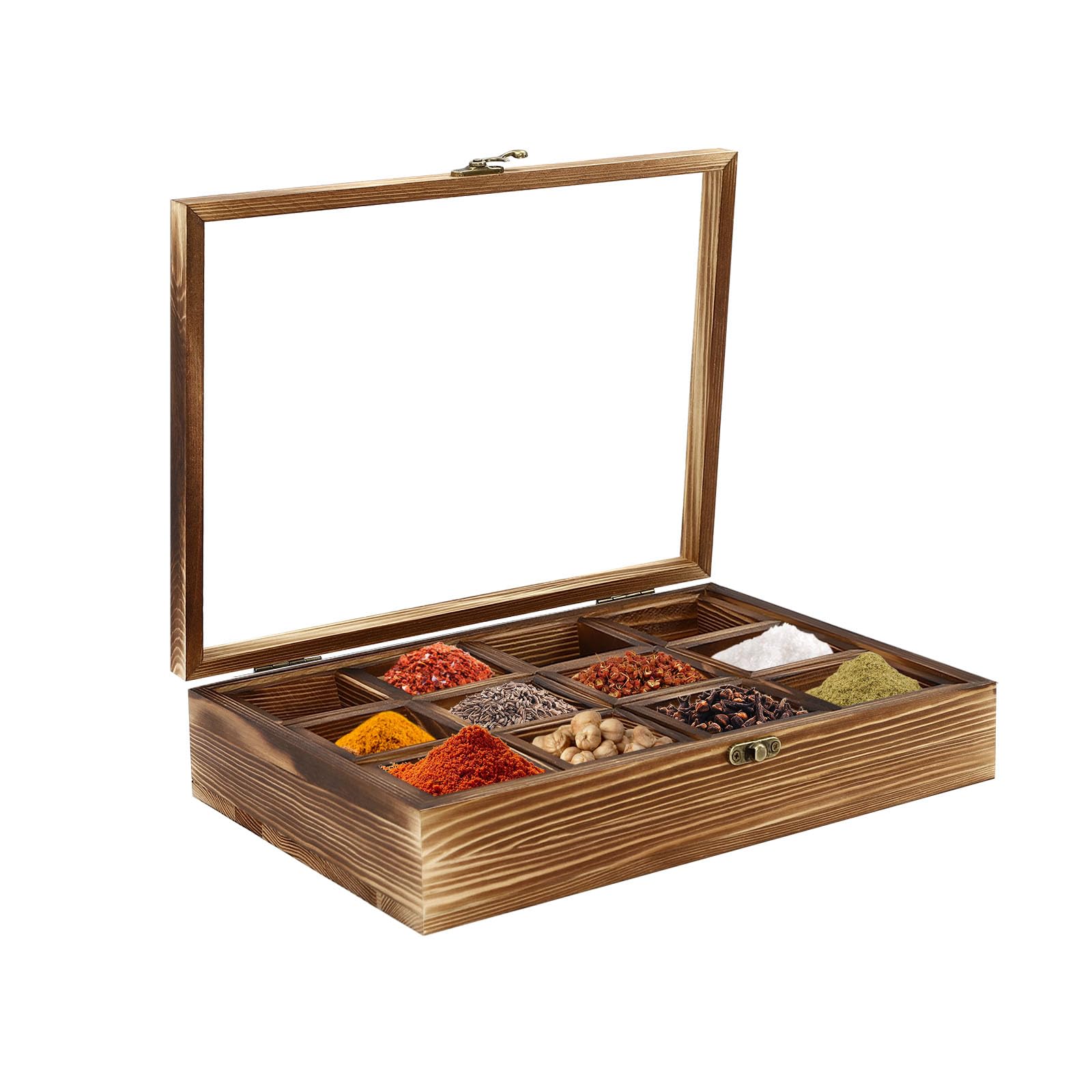 Portaspezie in legno di pino organizzatore con 12 scomparti, coperchio e cucchiaio, porta spezie marrone, 30 x 22,5 x 7 cm, posate da cucina, organizer per ufficio, casa, cucina e bar