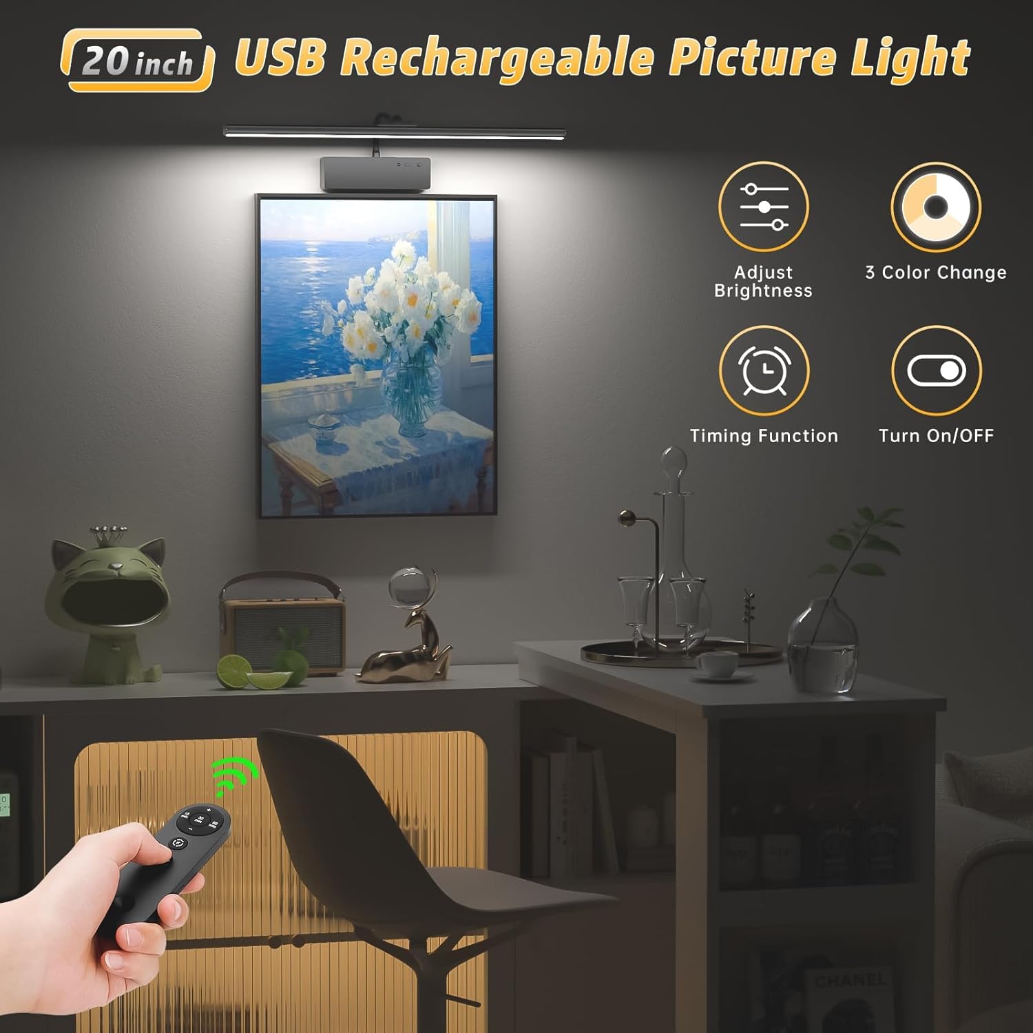 Bilderleuchte mit Fernbedienung Dimmbar und Timer Wandleuchten Kabellose Wiederaufladbare Batterie Wandlampen Akku LED Innen 360° Verstellbare Bilderlampe Wand Lampe 5W für Display Schwarz
