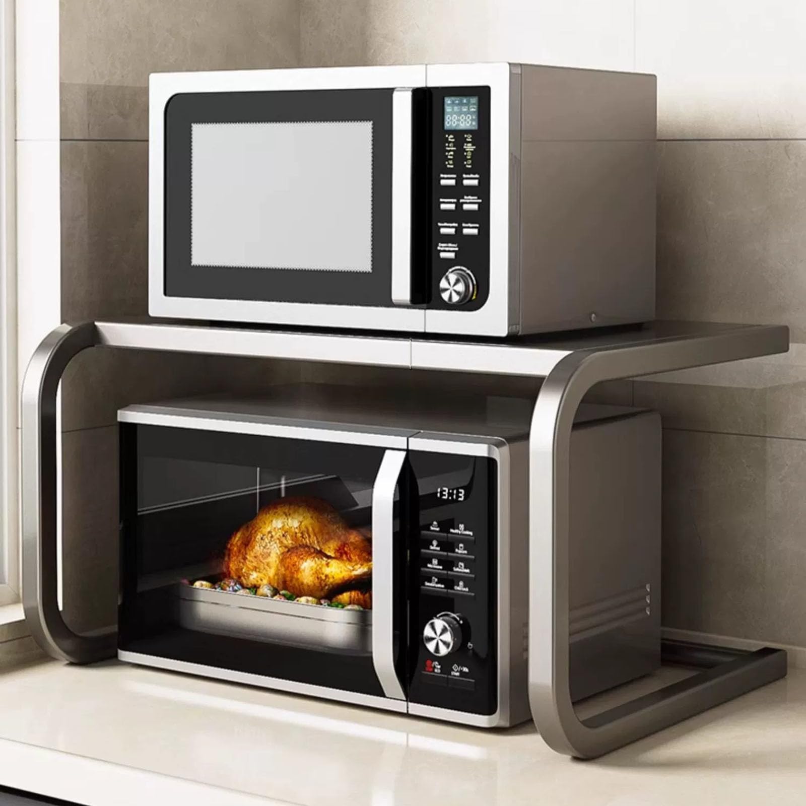 Regulowany rozszerzalny stojak na kuchenkę mikrofalową - wolnostojąca metalowa półka do kuchni Sto blat nizer dom biuro oszczędność miejsca i elegancki design