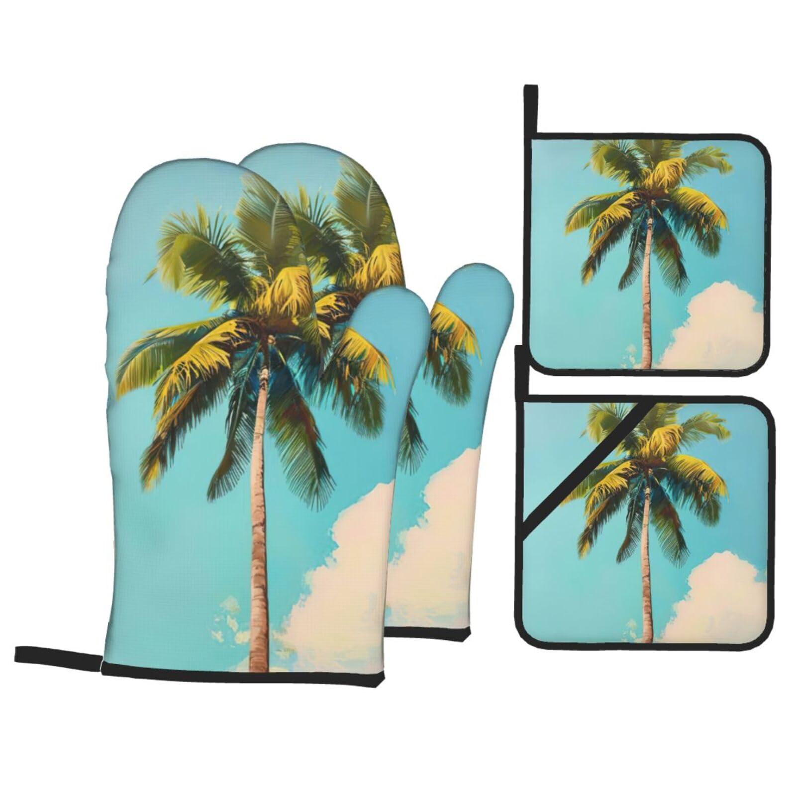 Palm Tree Print 4-Piece Heat-Resistant Oven Waterproof Kitchen Gloves Cooking Roasting Essential