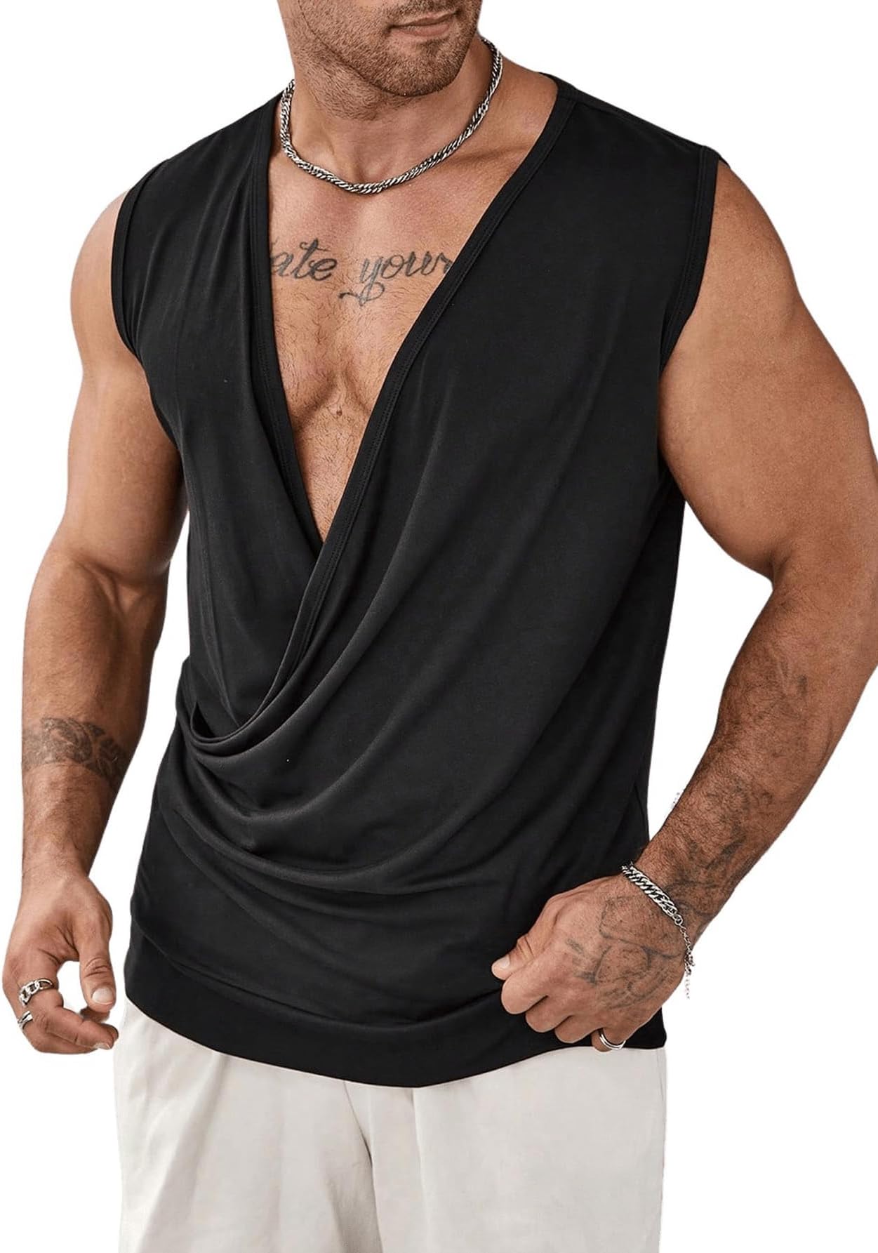 OYOANGLE Men's Draped Deep V Neck Sleeveless Tank Top Ruched Wrapped Workout Tops