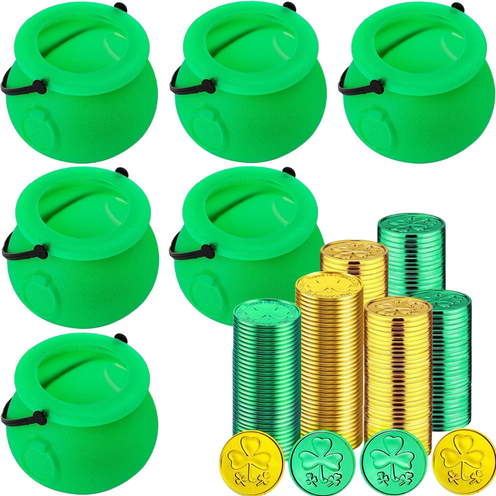 246 Pcs St. Patrick's Day Coins Set Include 6 Pcs Green Candy Kettles &240 Pcs St. Patrick's Gold Coins forSt. Patrick's Day, Irish Theme Party Supplies, Table Decorations Set