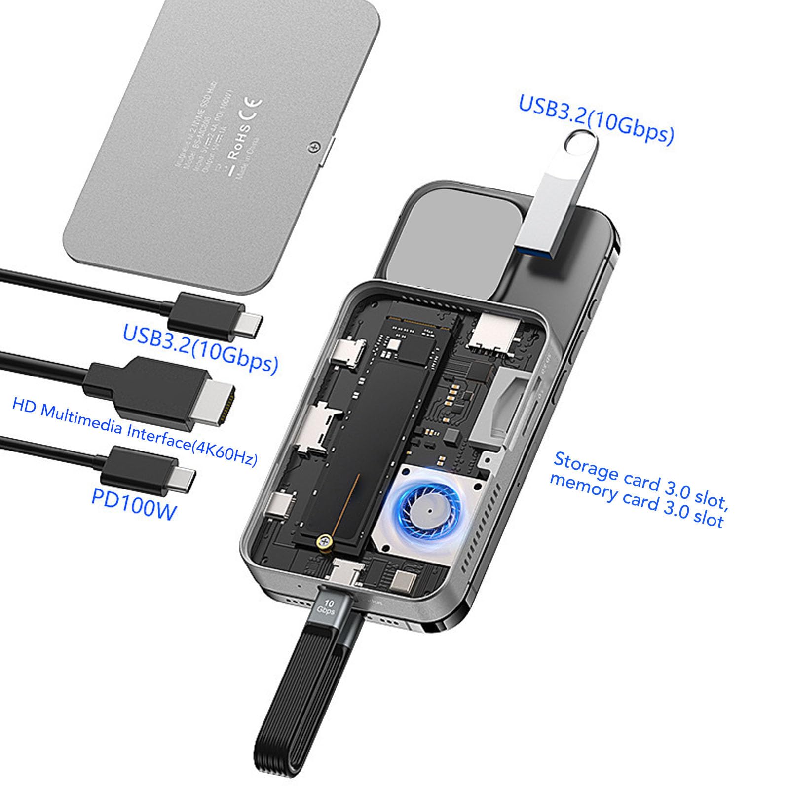 Tosuny Obudowa Dysku M.2 NVMe, 8 w 1 Hub USB C | 10Gbps USB 3.2 Transfer, 4K 60Hz Output, 100W PD, Dual SD Slots, for 2230 2242 2260 2280 SSD