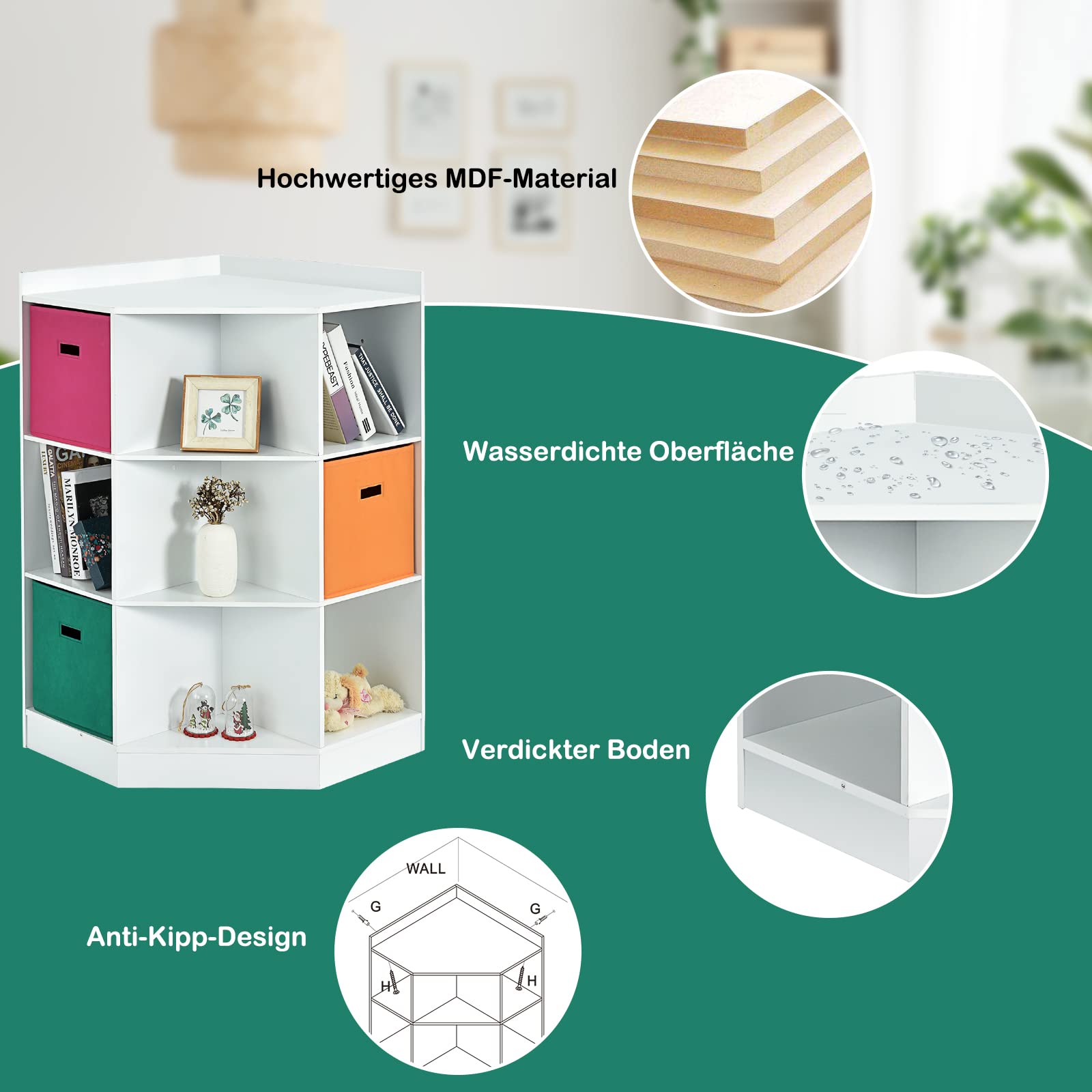 DREAMADE Kinderregal mit 9 Ablage und 3 Stoffbox, Aufbewahrungsregal Bücherregal für Kinder, Spielzeug-Organizer, Spielzeugregal für Kinderzimmer Spielzimmer und Kindergarten (Weiß, 9 Ablage)