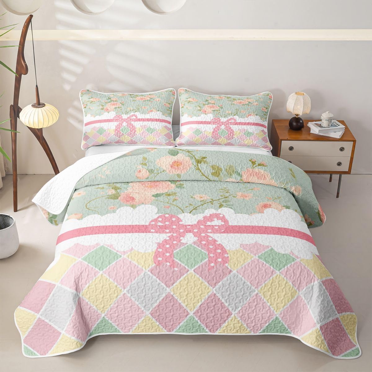 Feelyou Red Polka Dots Bowknot Quilts for Twin Bed Kawaii Bow Tie Bedspreads Soft Bed Summer Lightweight Comforter Girls Princess Coverlet All Season 2 Pieces (1 Quilt, 1 Pillowcase) Bedding Set