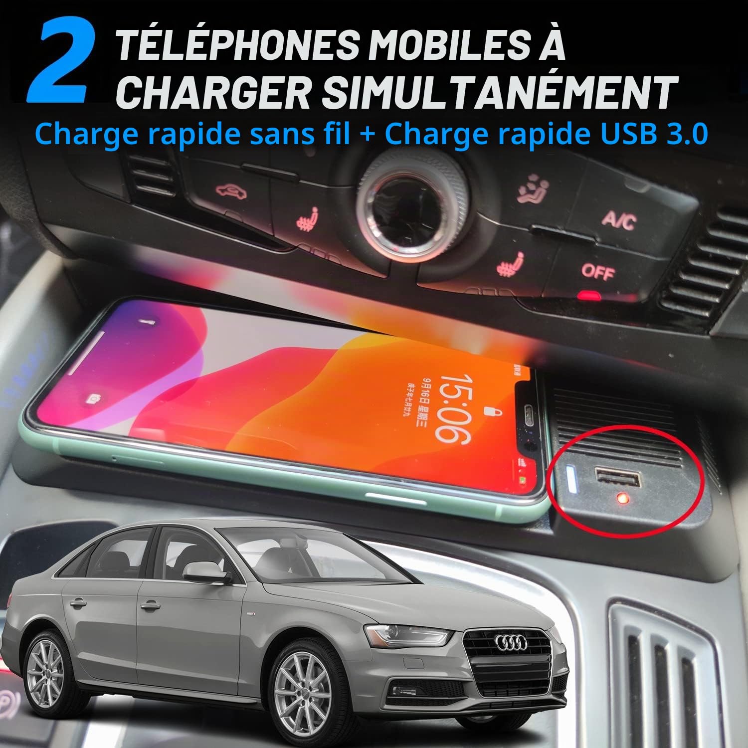 Chargeur sans Fil Voiture pour Audi Q5 SQ5 A5 S5 RS5 A4 Allroad, 15W Chargeur de Téléphone à Charge Rapide pour Audi A4 2008-2016 A5/S5 2008-2016 RS5 2012-2014 Q5/SQ5 2010-2018 Accessoire