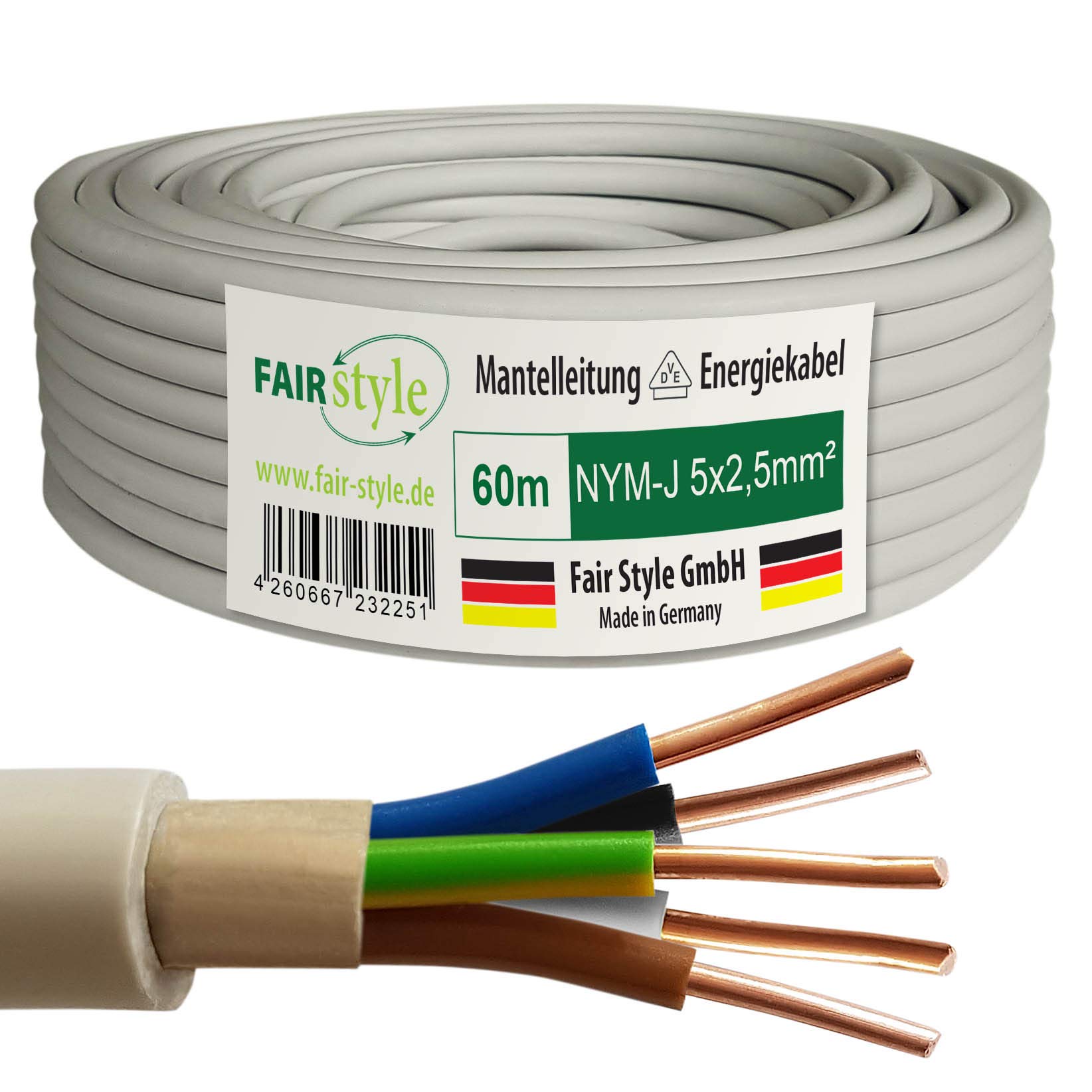 60m NYM-J 5x2,5 mm² Mantelleitung Feuchtraumkabel Elektrokabel Kupfer Made in Germany