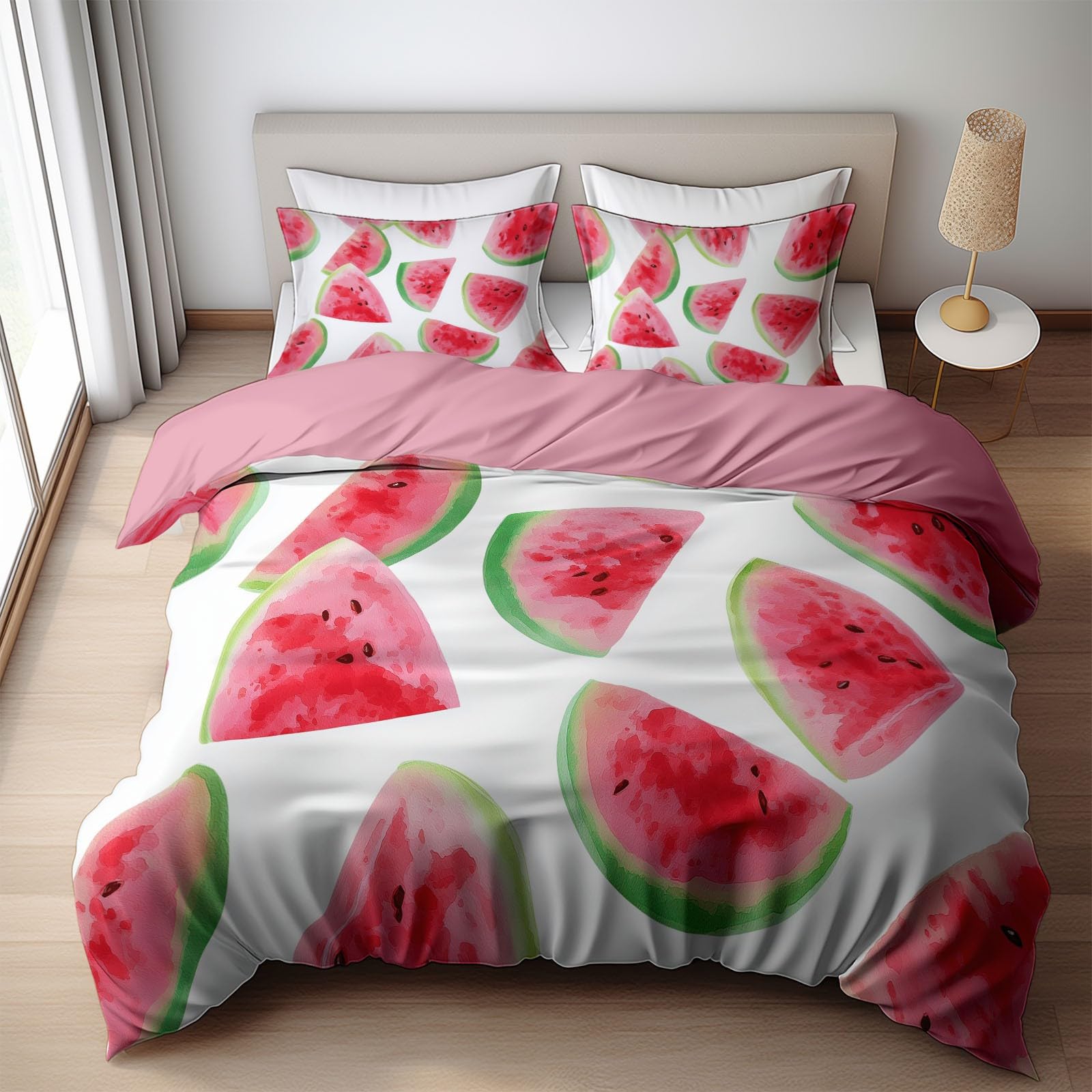 Housse de couette aquarelle pastèque rose en microfibre douce texturée