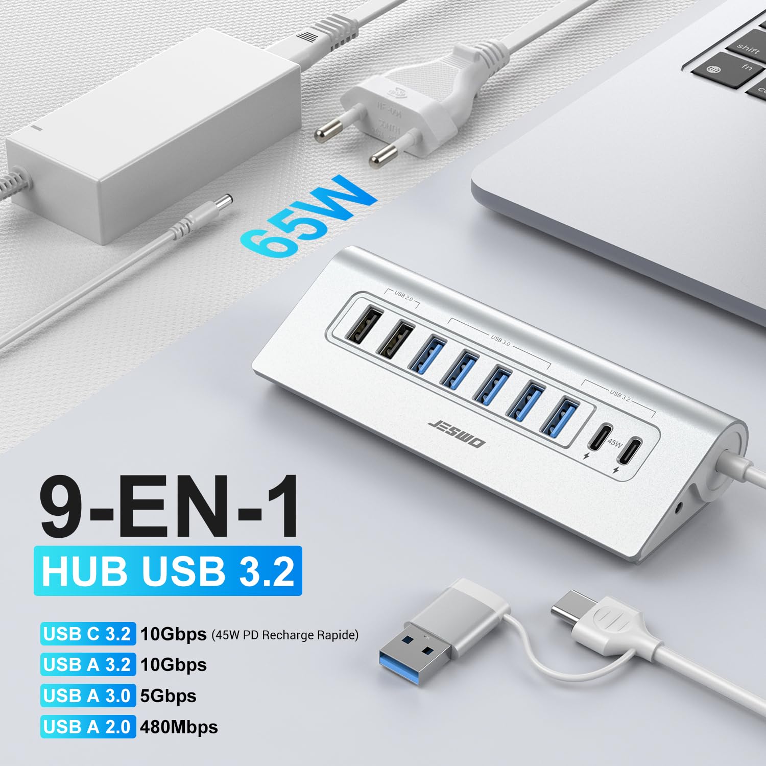 JESWO 65W Hub USB C Alimenté 9 Ports(USB A+C) Aluminium Hub USB 3.2 10Gbps