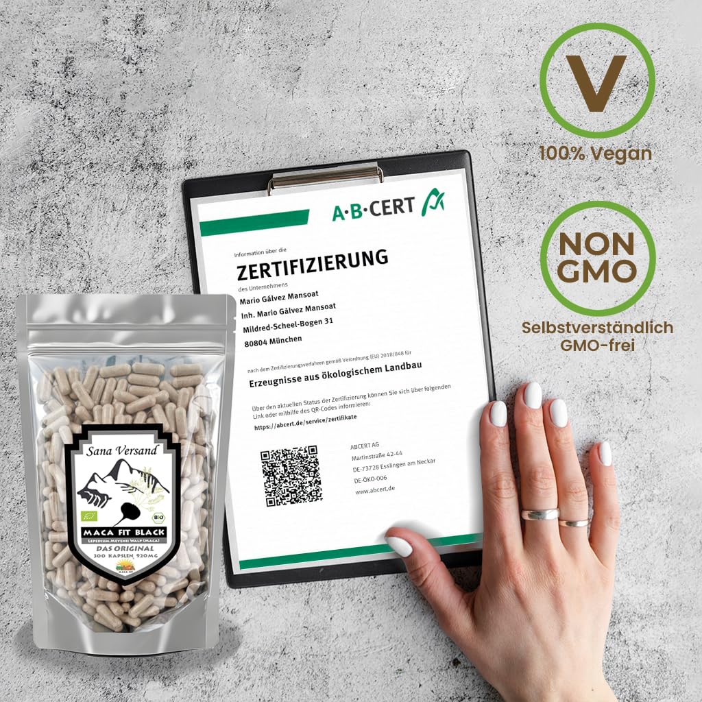 Maca Fit Kapseln Black 300 BIO Pulver Original aus Peru | Junin Bombon Zertifiziert, Reine schwarze Maca-Wurzel, Ohne Zusatzstoffe, Vegan, Gluten- und Laktosefrei