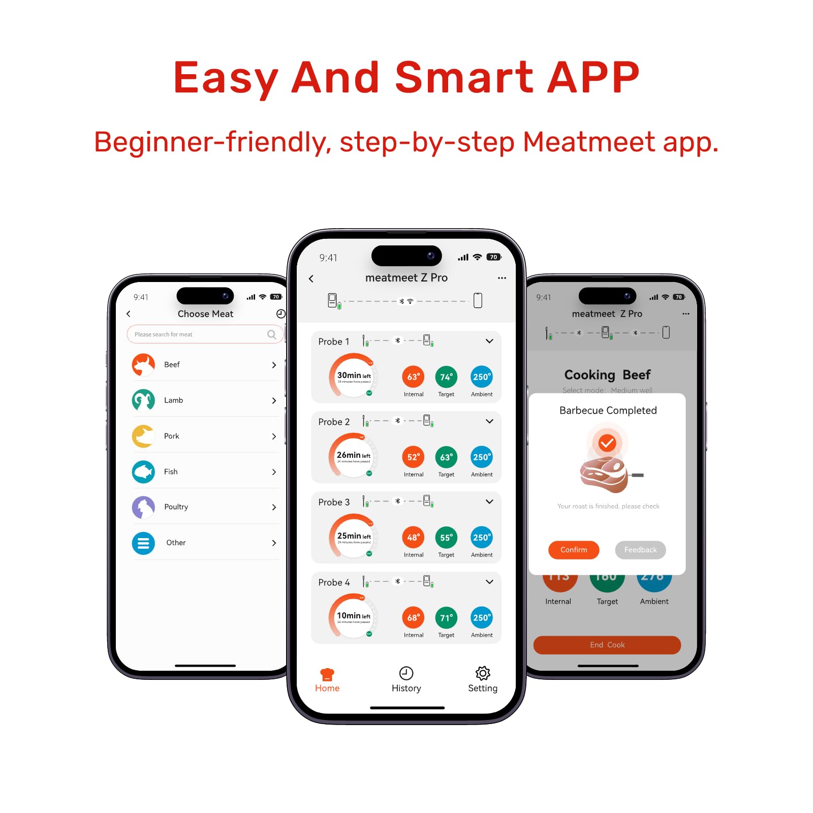 Bluetooth Meat Thermometer Wireless, 4 Probes, Standalone Base | 6 Sensors With ±0.18°F Accuracy, WiFi, IP69 Waterproof, AI-Guided Cooking, for Kitchen, BBQ, Grill, Oven, and Smoker (Z Pro)