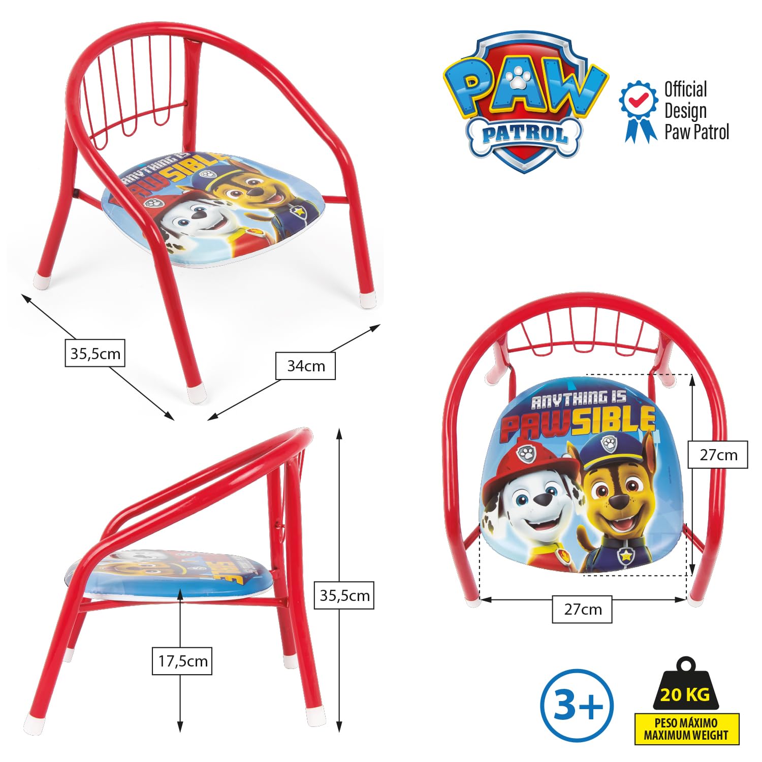 ARDITEX Silla Infantil Patrulla Canina, Silla Metal 35,5 x 30 x 33,5 cm Roja