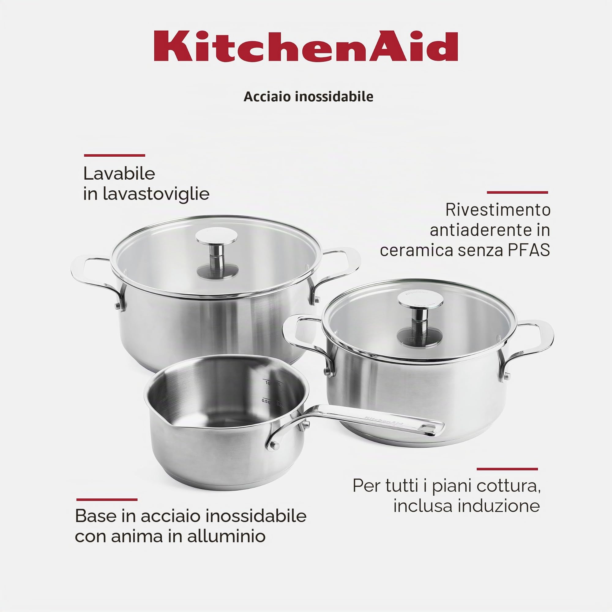 KitchenAid Stainless Steel Set di Pentole Antiaderenti in Acciaio Inox con Coperchio, Adatte a Tutti i Tipi di Fornelli, Induzione, Forno e Lavastoviglie, 20/24 cm + Pentolino 16 cm/1,5 L, 5 pezzi