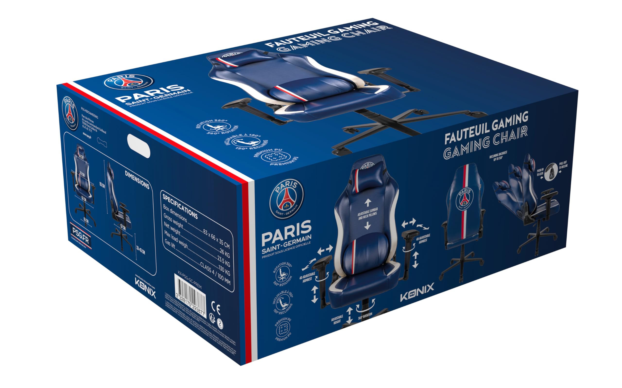 Konix PSG Chaise de Bureau Gaming Premium - Inclinaison siège 150° - Cuir polyuréthane - Coussin lombaires et cervicaux réglable - Appui-tête - Bleu