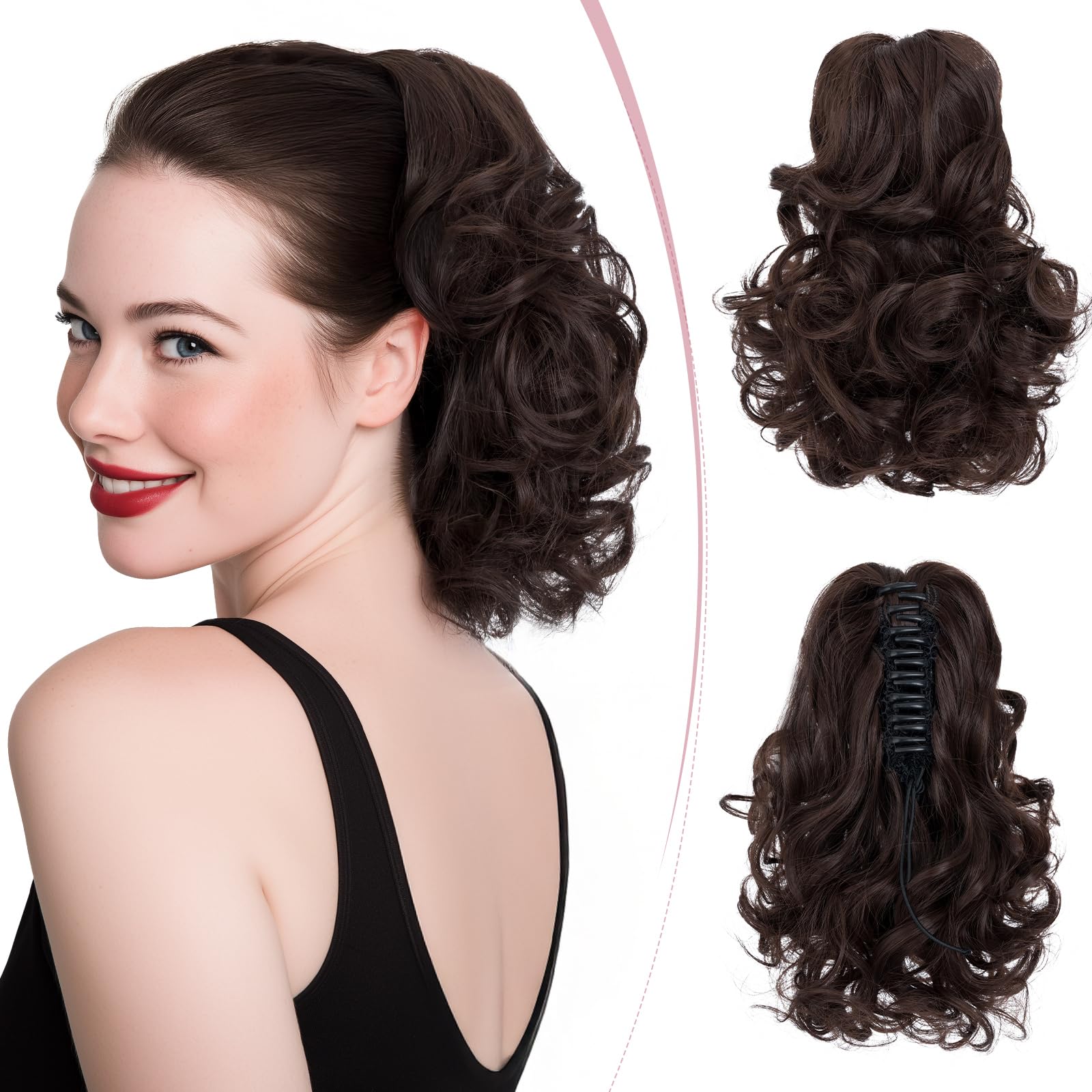 SEGO Pro Claw Clip Ponytail Hair Extensions Synthetic Pony Tail Hair Pieces for Women 12 Inch Curly 110g (Natural Brown)