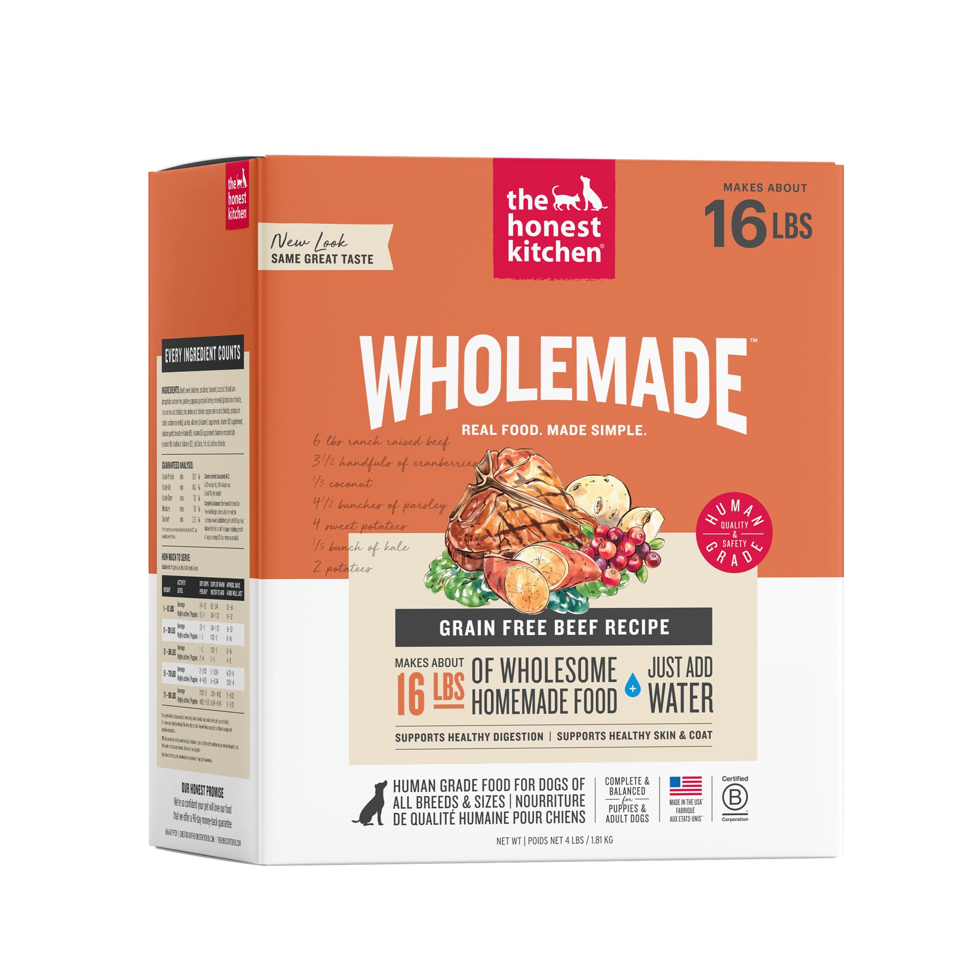 The Honest Kitchen Wholemade Grain Free Beef Recipe, Human Grade Dehydrated Dog Food, Just Add Water, Supports Healthy Digestion, Skin &amp; Coat, Topper for Dry or Wet Dog Food, 4 lb Box Makes 16 lbs