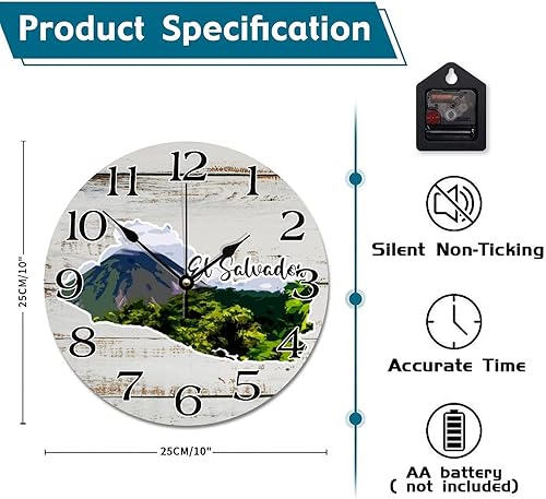 Miniatura 6 de Reloj de pared de viaje con mapa de El Salvador, atracciones turísticas, relojes redondos decorativos que funcionan con pilas, reloj colgante de