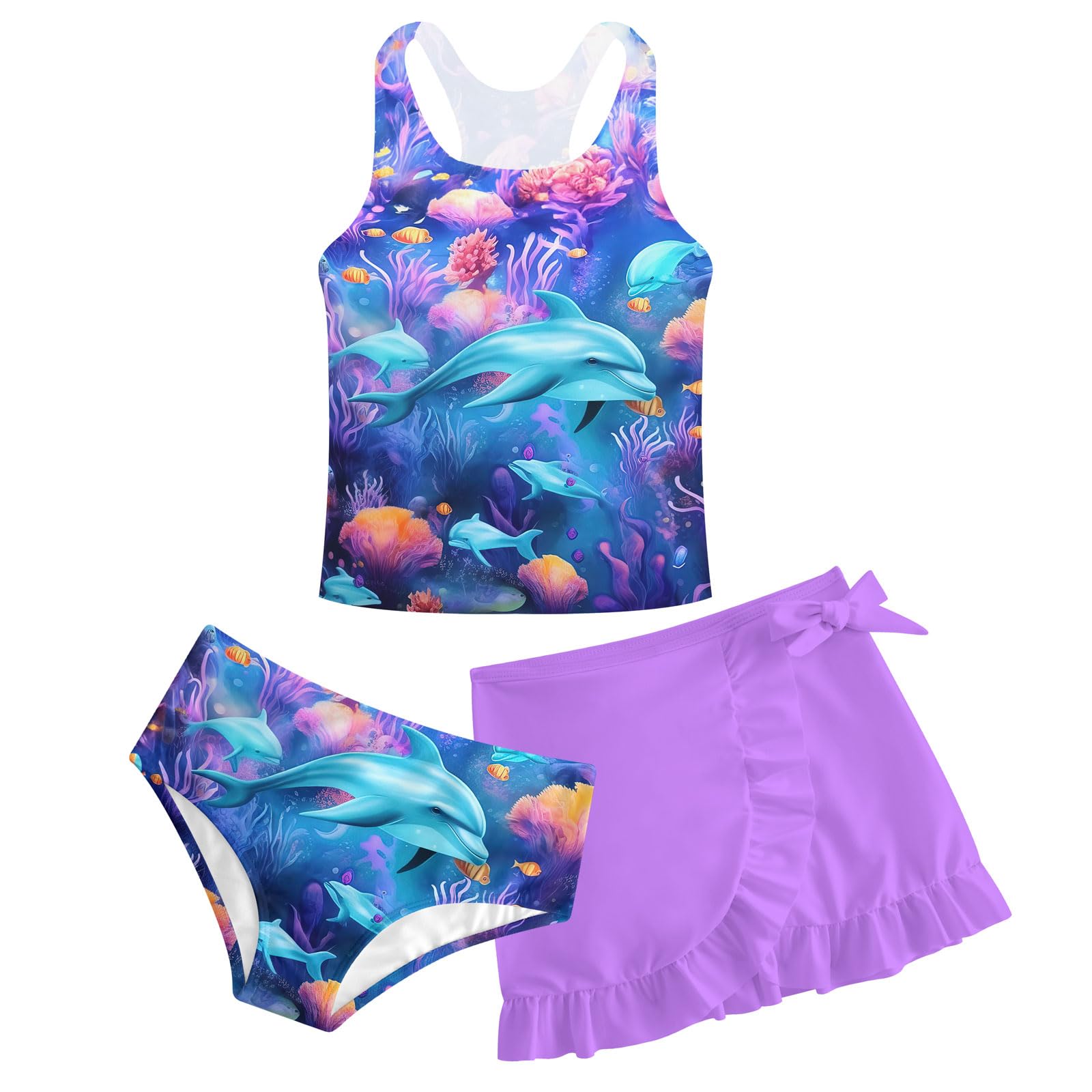 Girls Swimsuits 3 Piece Tankini Bathing Suit Set Cute Bikini Swimwear with Cover Ups Beach Skirt 5-16 Years