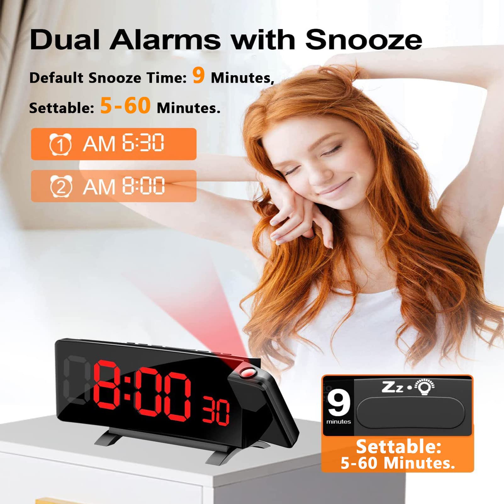 RayGenius Despertador Digital, Radio Despertador FM, Reloj Digital con Puerto de Carga USB, función Snooze, Pantalla de Espejo LED de 7", Doble Alarma, visualización de Temperatura y Humedad.
